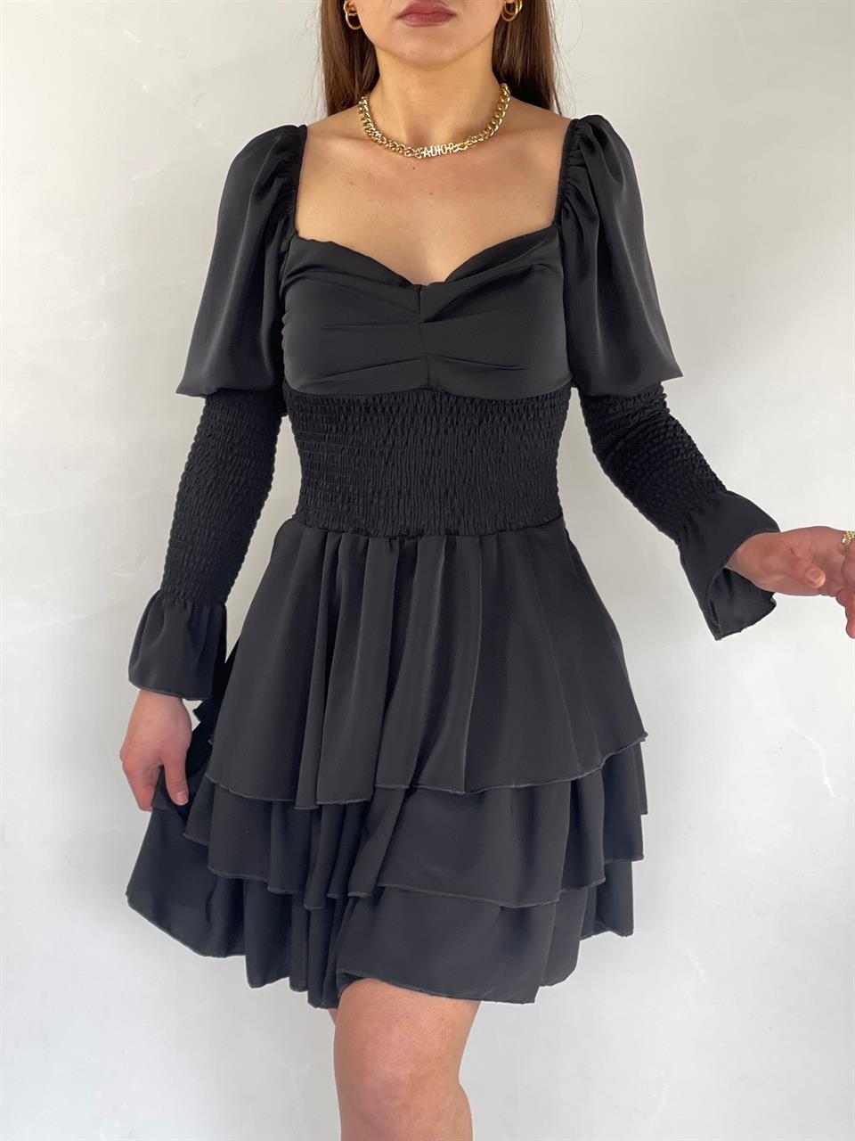 Jesica Crep Kumaş Gipe Detay Siyah Tasarım Elbise