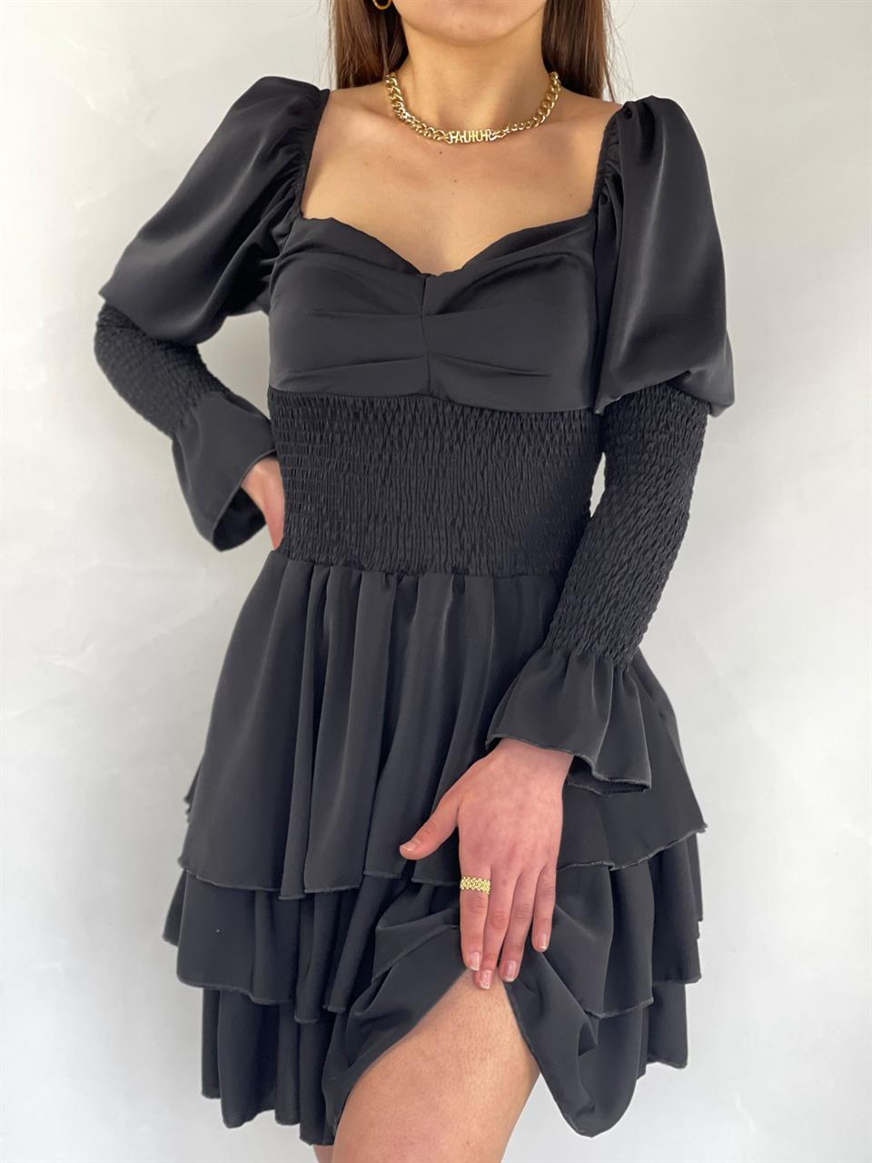 Jesica Crep Kumaş Gipe Detay Siyah Tasarım Elbise