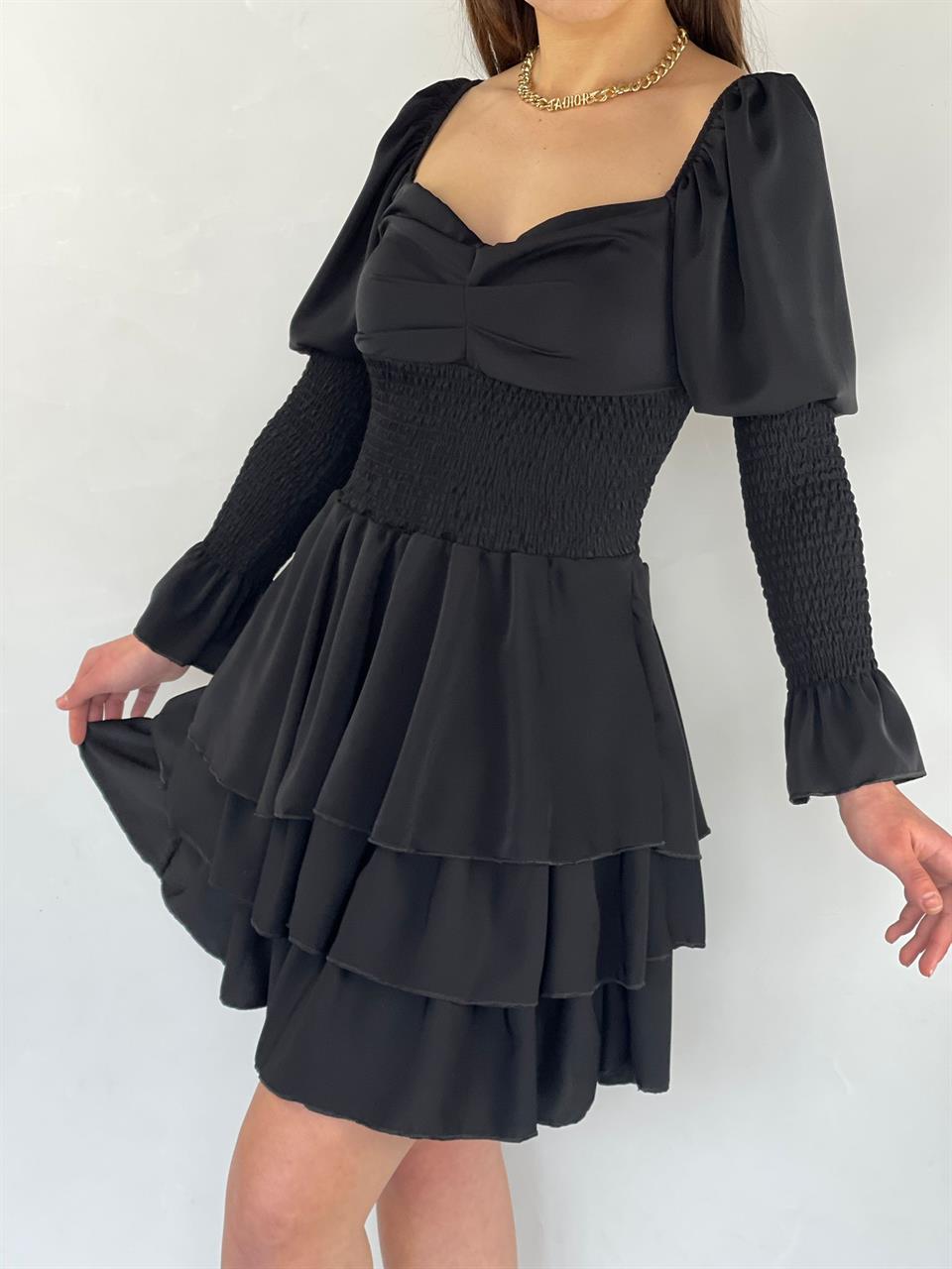 Jesica Crep Kumaş Gipe Detay Siyah Tasarım Elbise