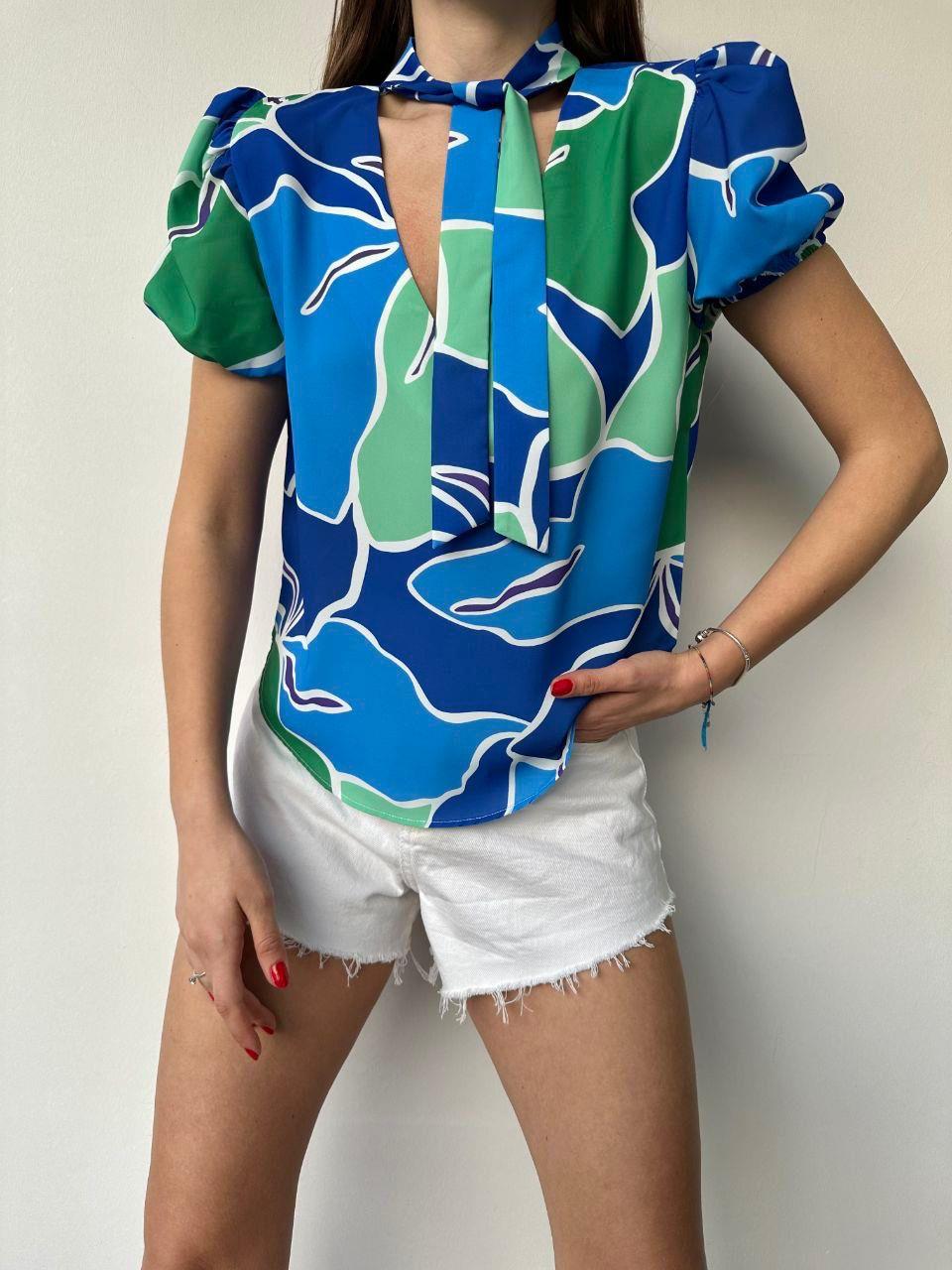 Jesica Crep Kumaş Renkli Desenli Karpuz Kol Bluz