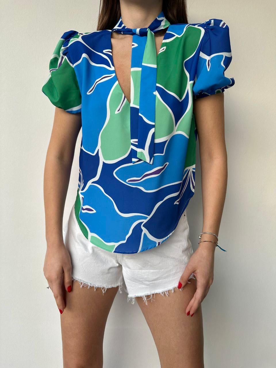 Jesica Crep Kumaş Renkli Desenli Karpuz Kol Bluz