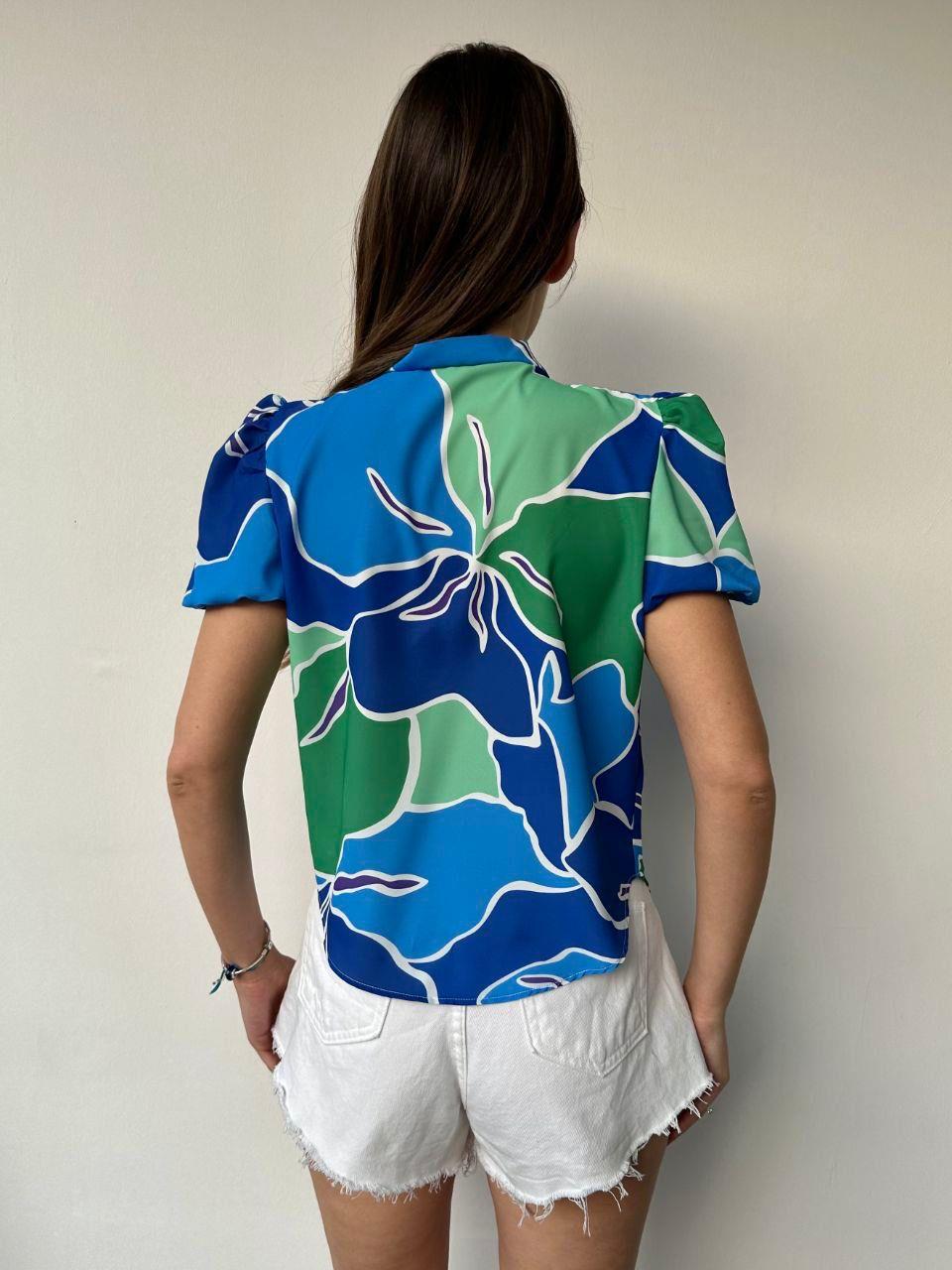 Jesica Crep Kumaş Renkli Desenli Karpuz Kol Bluz