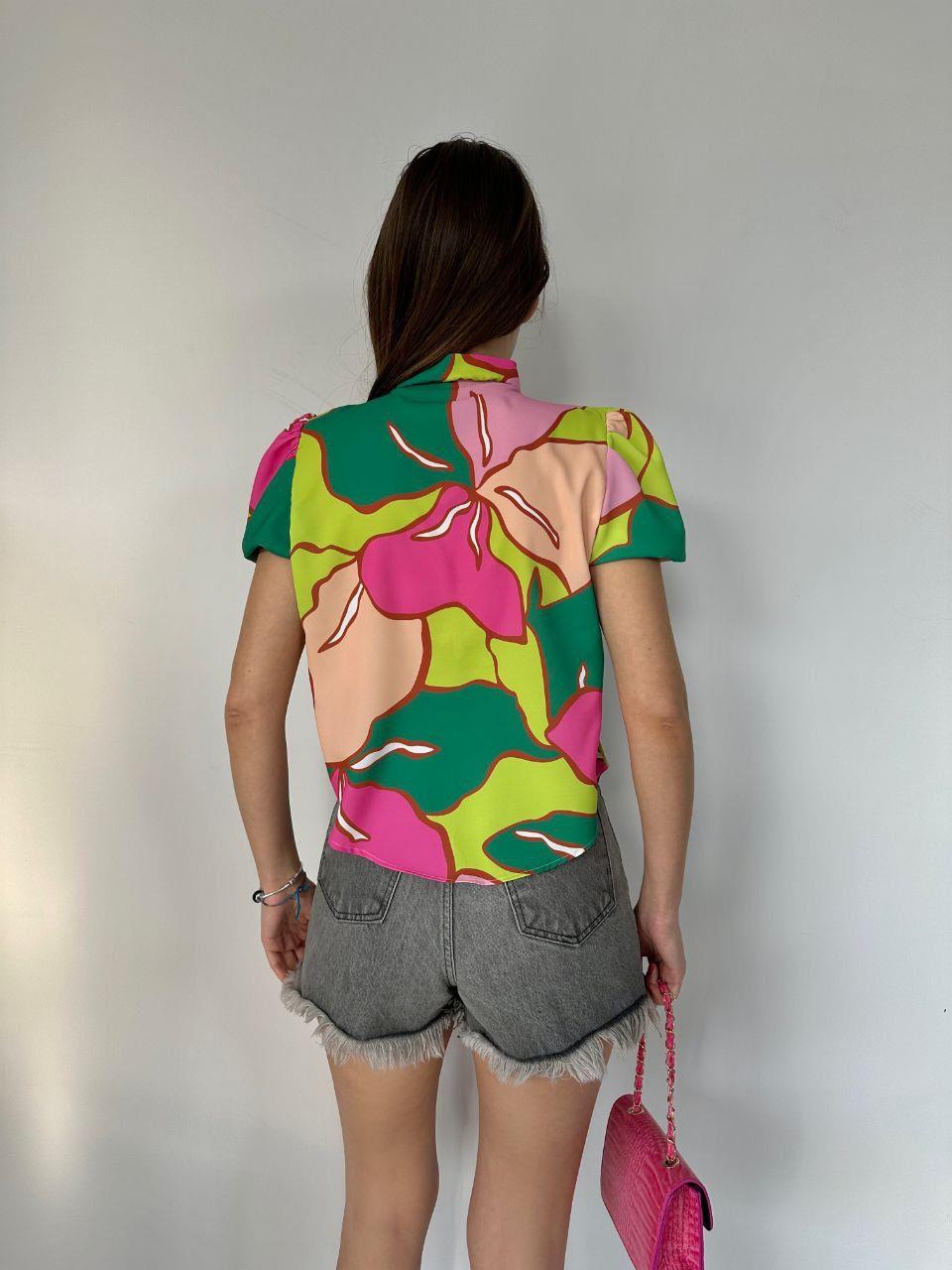 Jesica Crep Kumaş Renkli Desenli Karpuz Kol Bluz