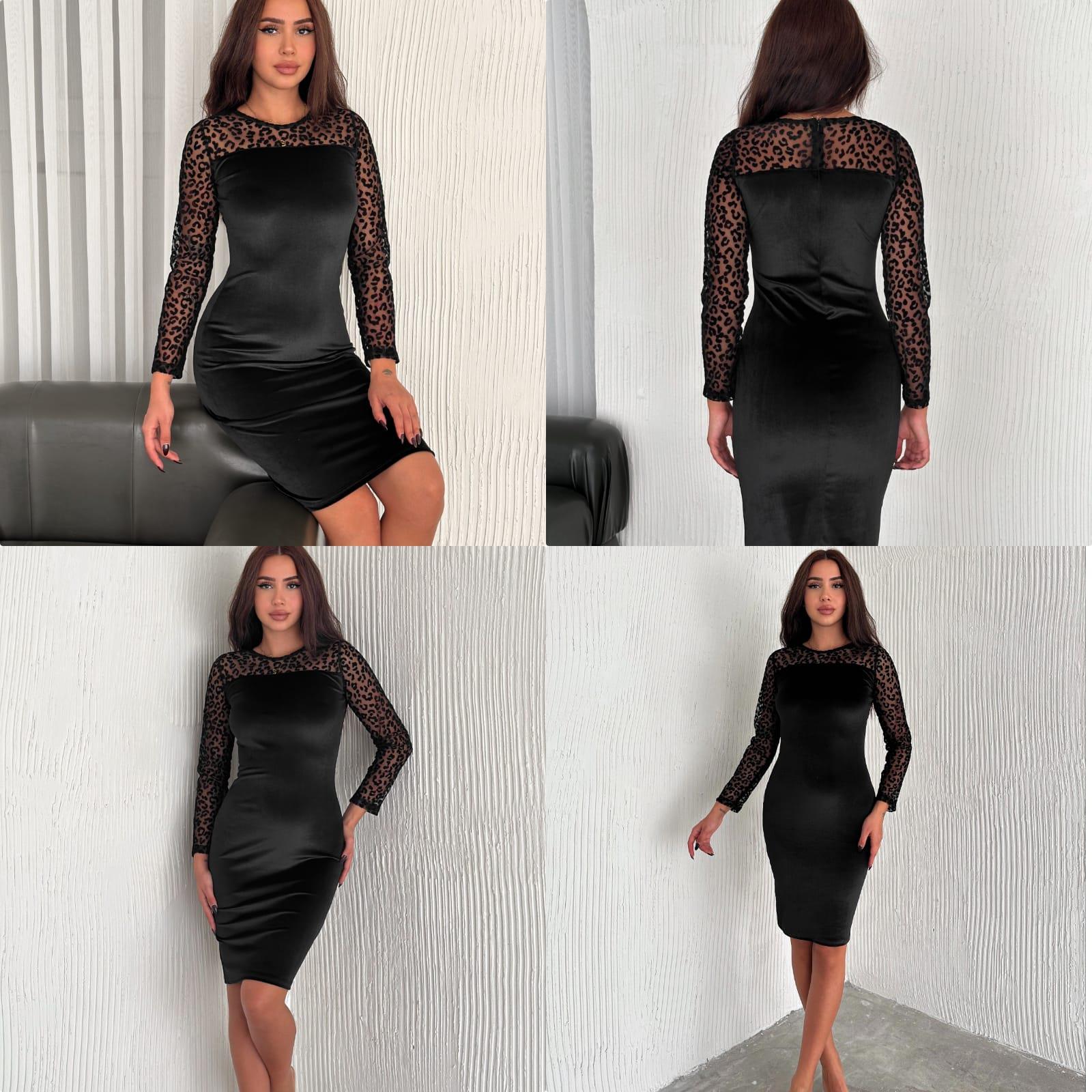 Kadife Kumaş Flog Tül Detaylı Kalem Elbise 