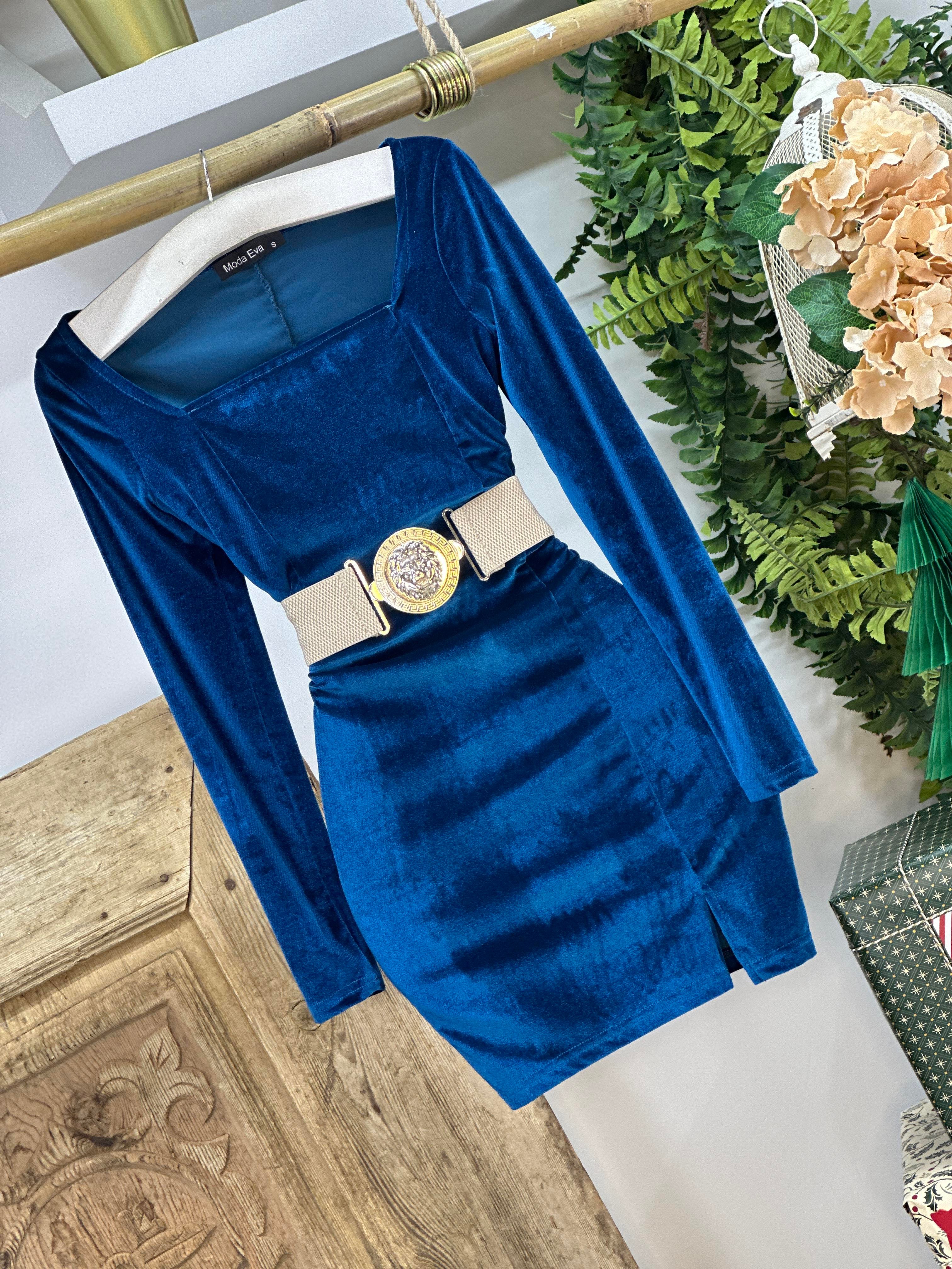 Kadife Kumaş Kare Yaka Yırtmaçlı Mini  Elbise 