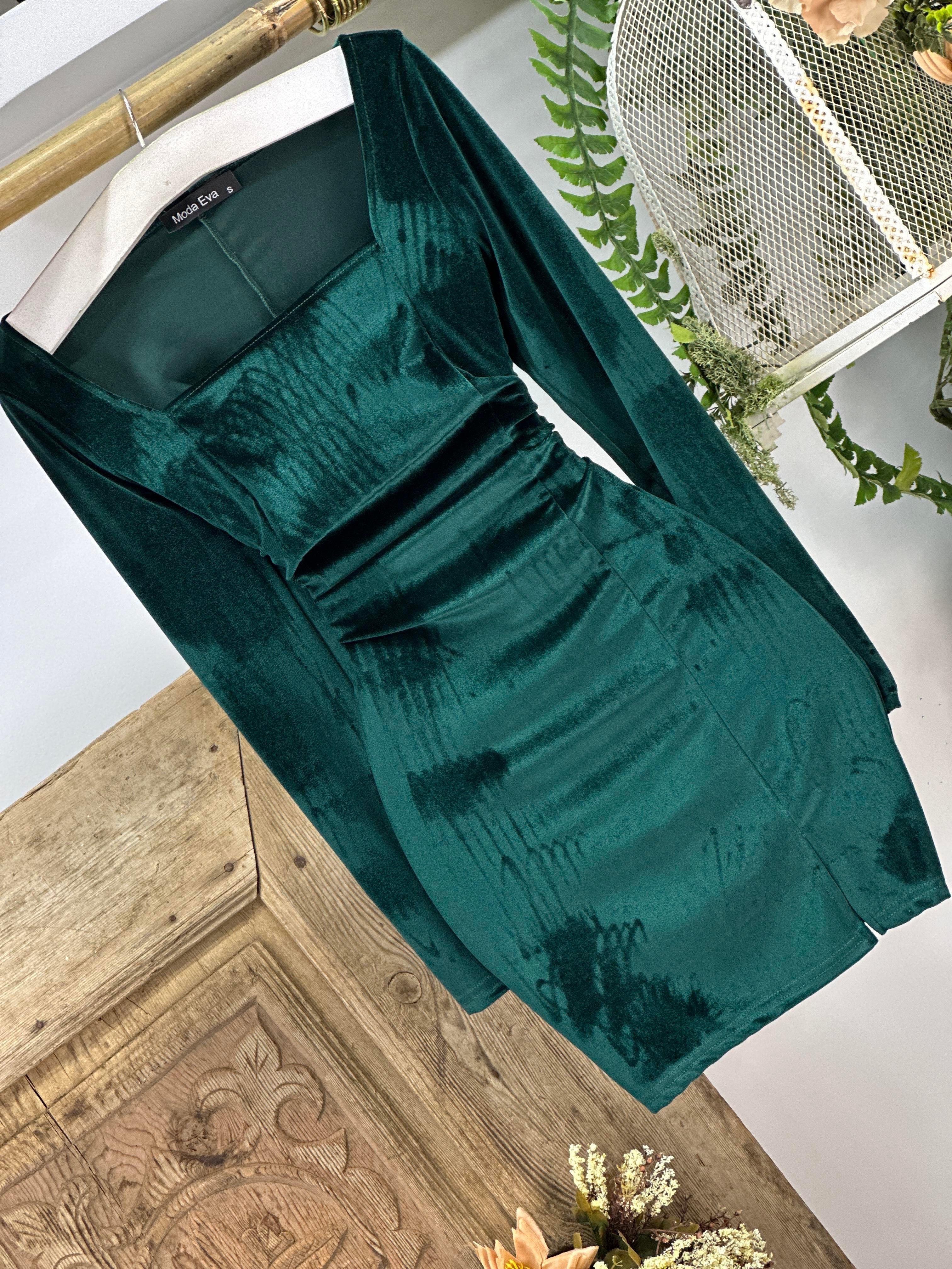 Kadife Kumaş Kare Yaka Yırtmaçlı Mini  Elbise 