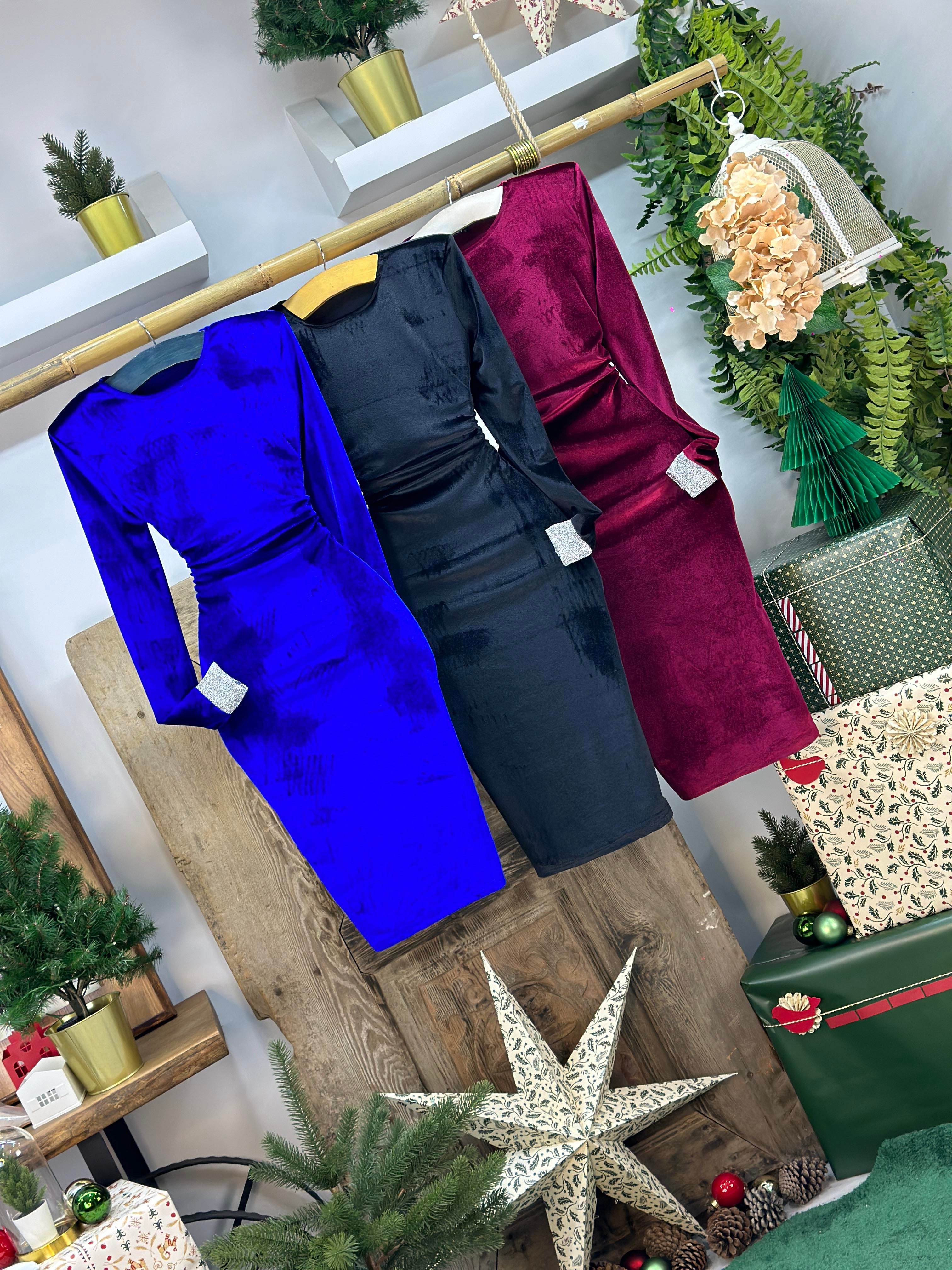 Kadife Kumaş Kolu Sim Detaylı Vatkalı Kalem Elbise 