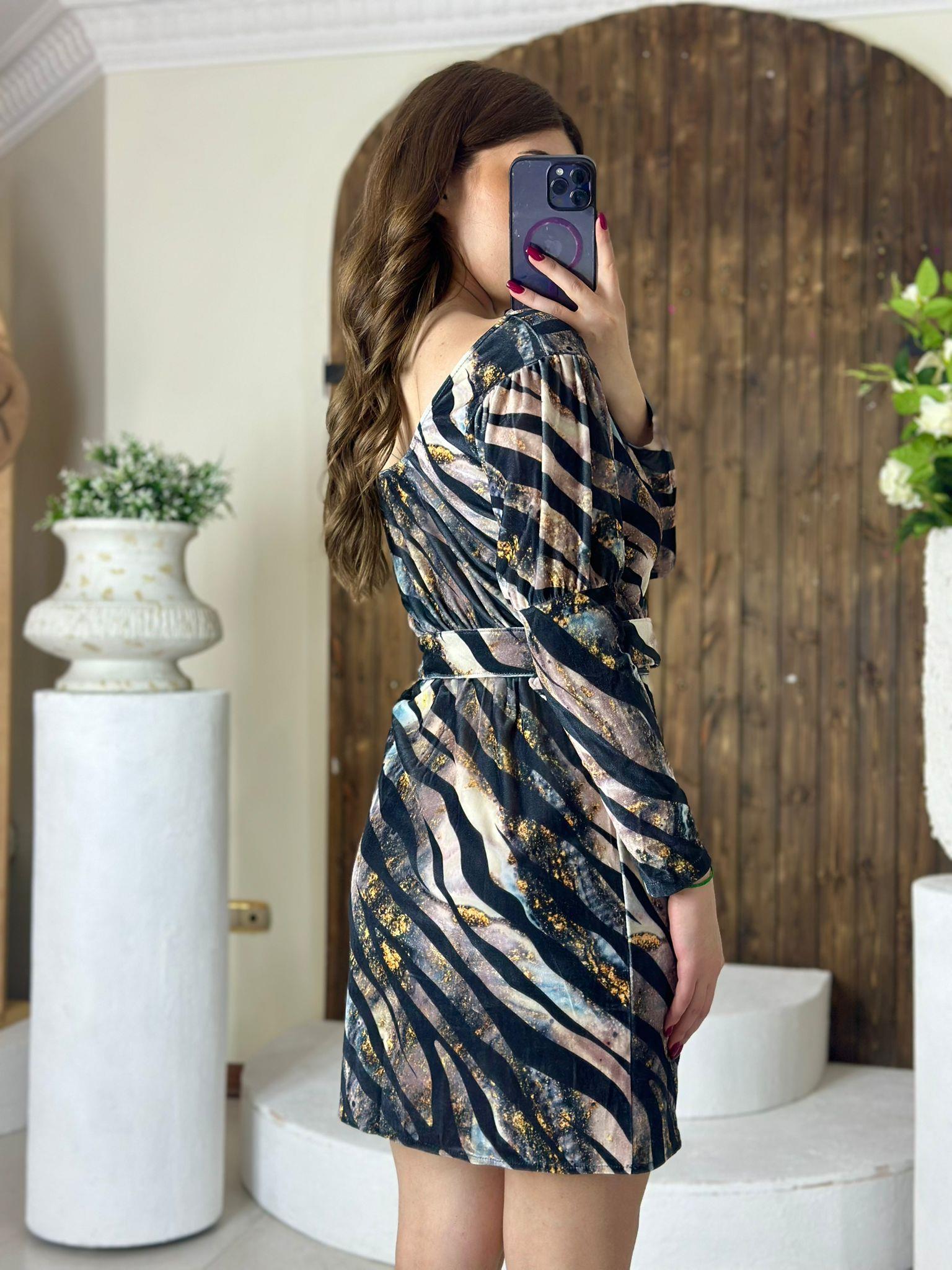 Kadife Kumaş Zebra Desen Mini Elbise