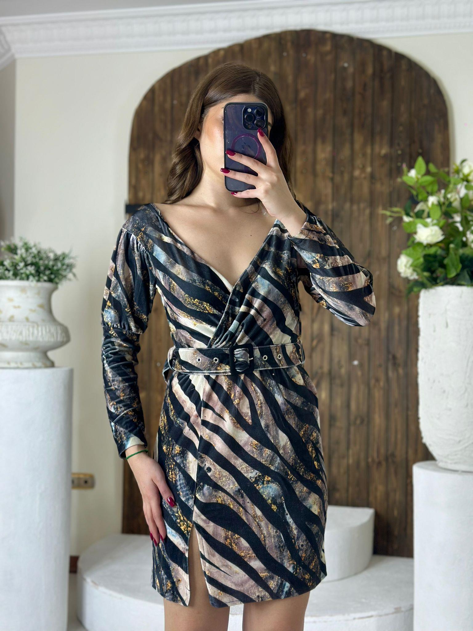 Kadife Kumaş Zebra Desen Mini Elbise