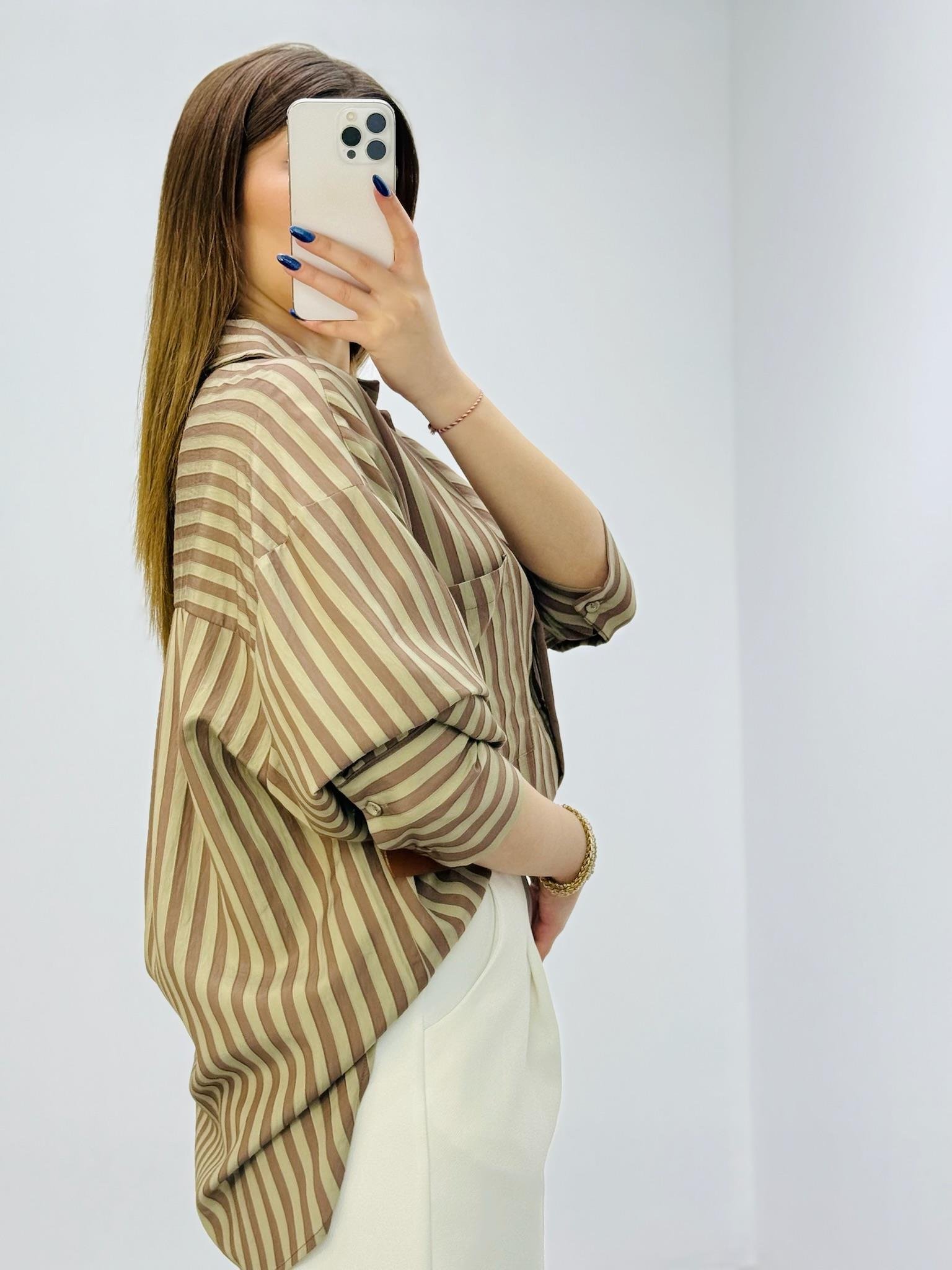 Kahve Çizgili Oversize Gömlek Kahve