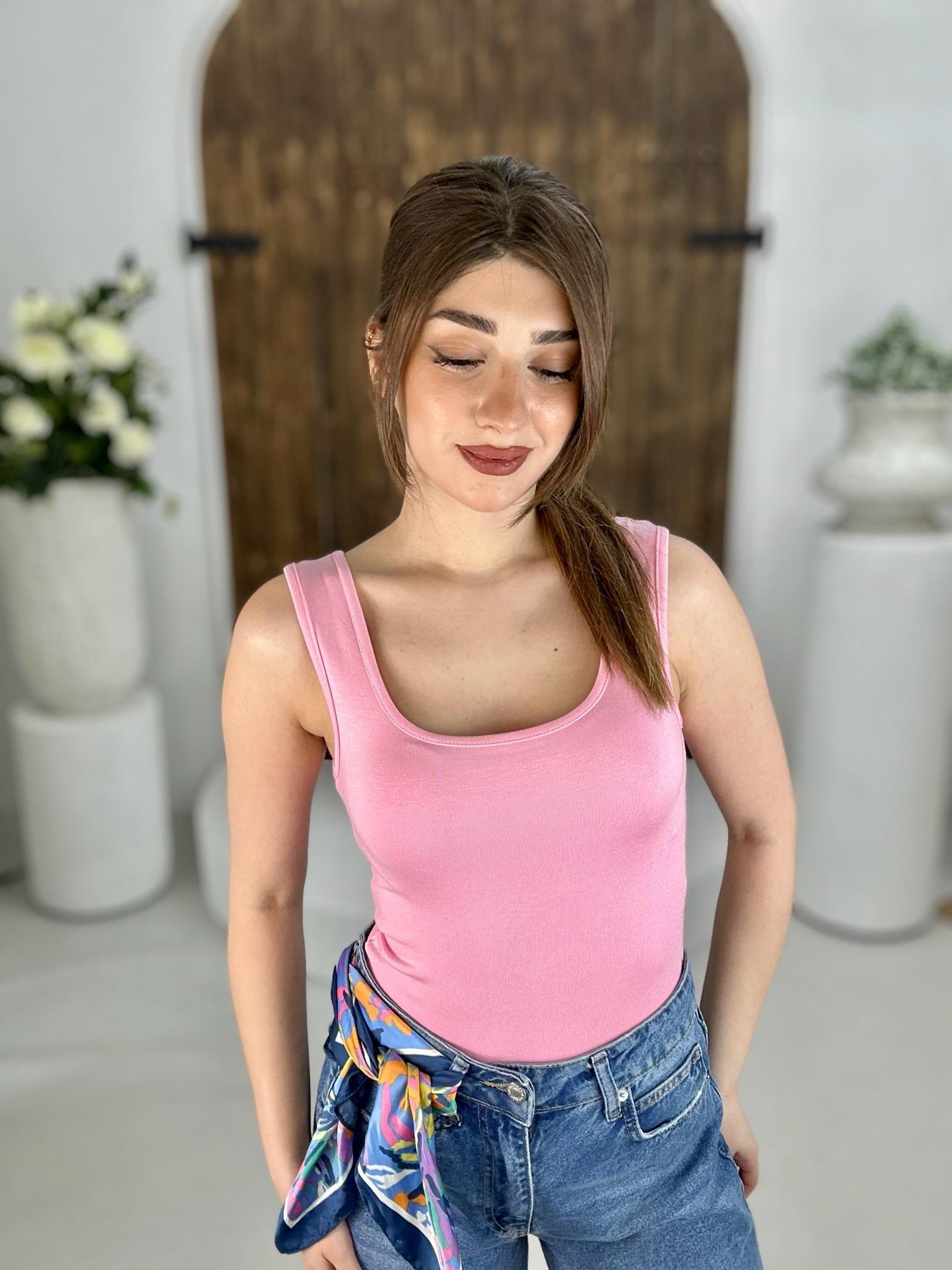 Kalın Askılı Tam Boy Oys Bluz Pembe