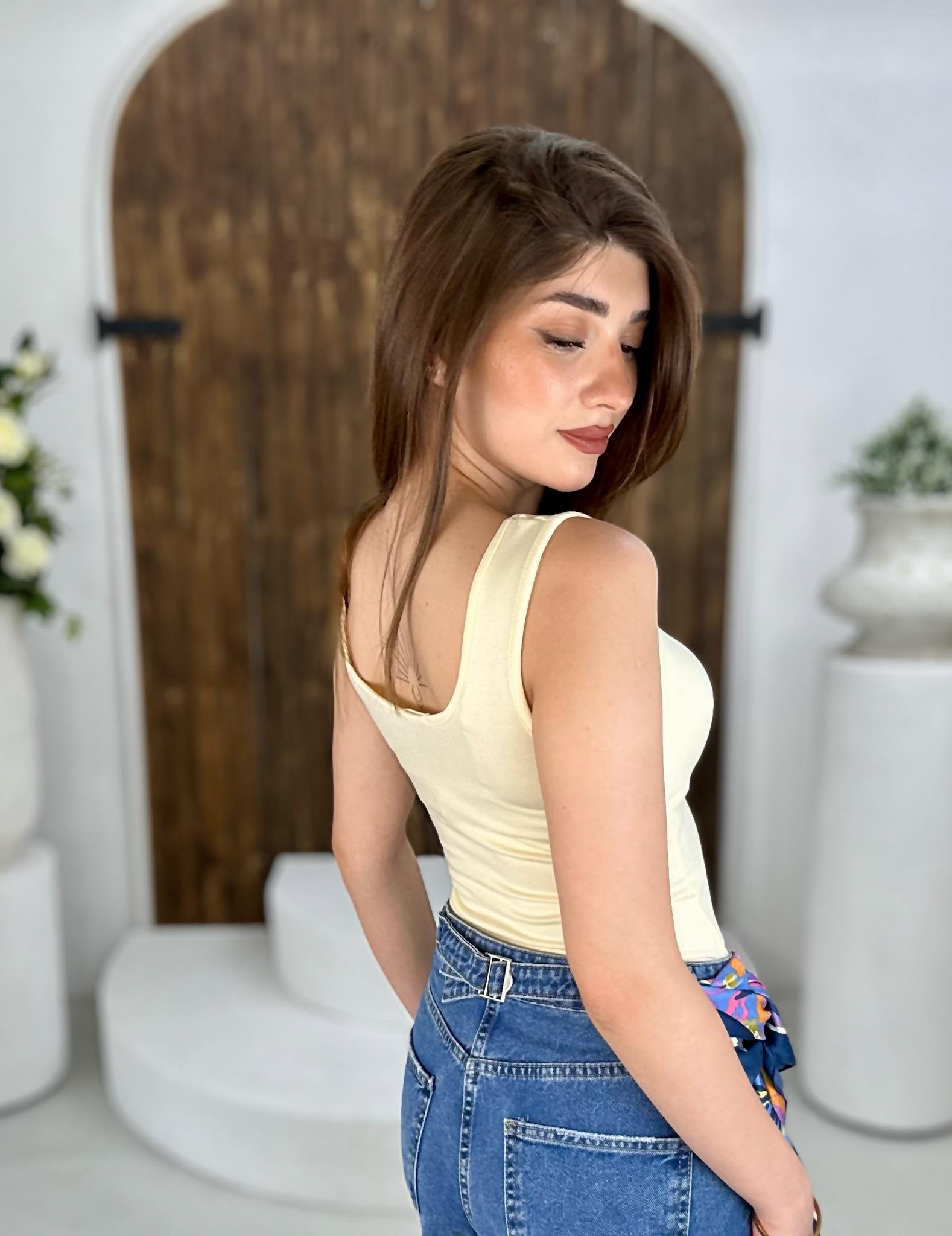 Kalın Askılı Tam Boy Oys Bluz Sarı