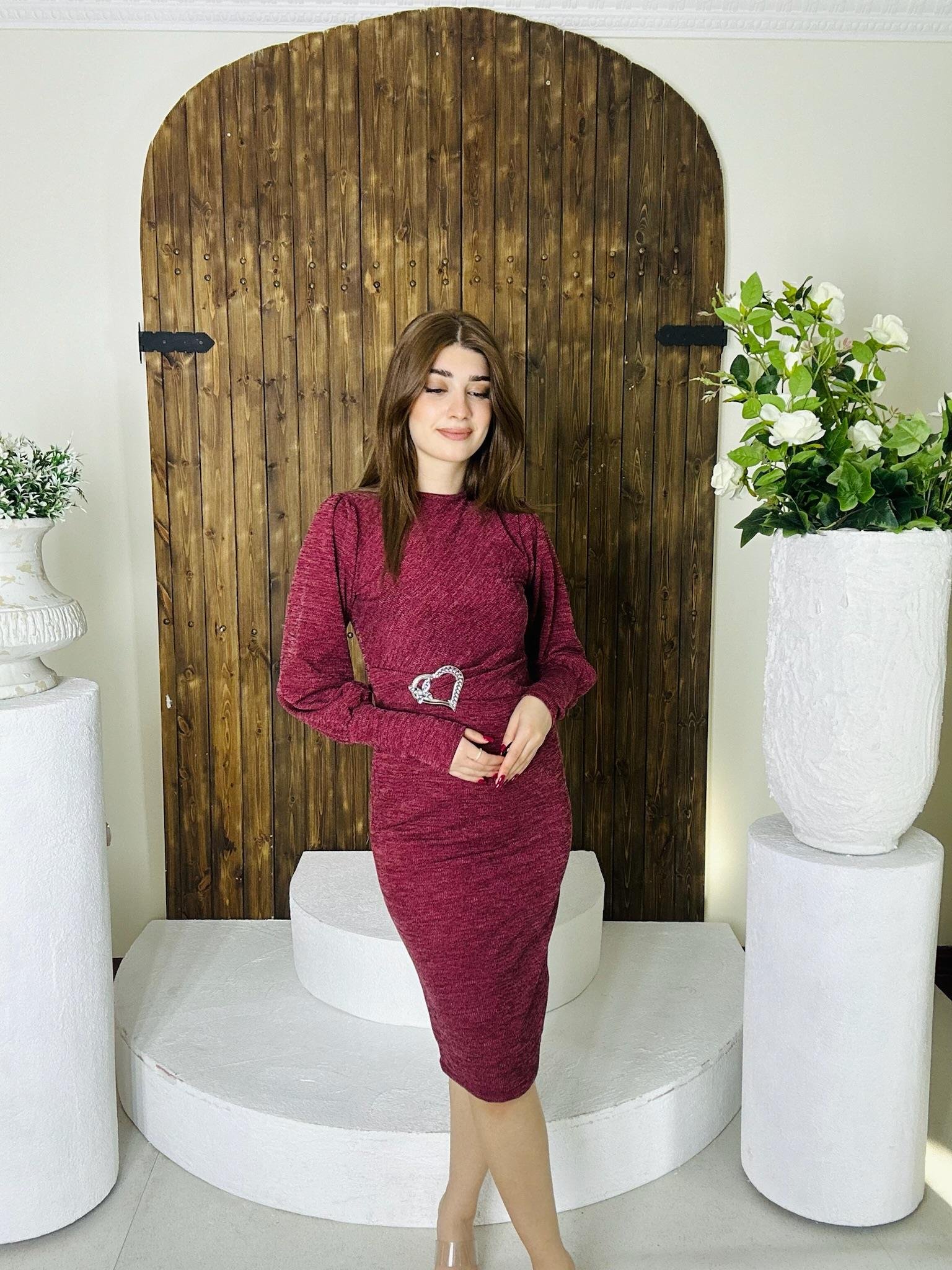 Kalp Aksesuar Detaylı Balon Kol Kalem Bordo Elbise 