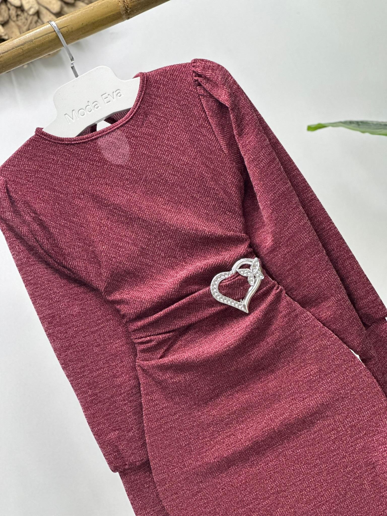 Kalp Aksesuar Detaylı Balon Kol Kalem Bordo Elbise 