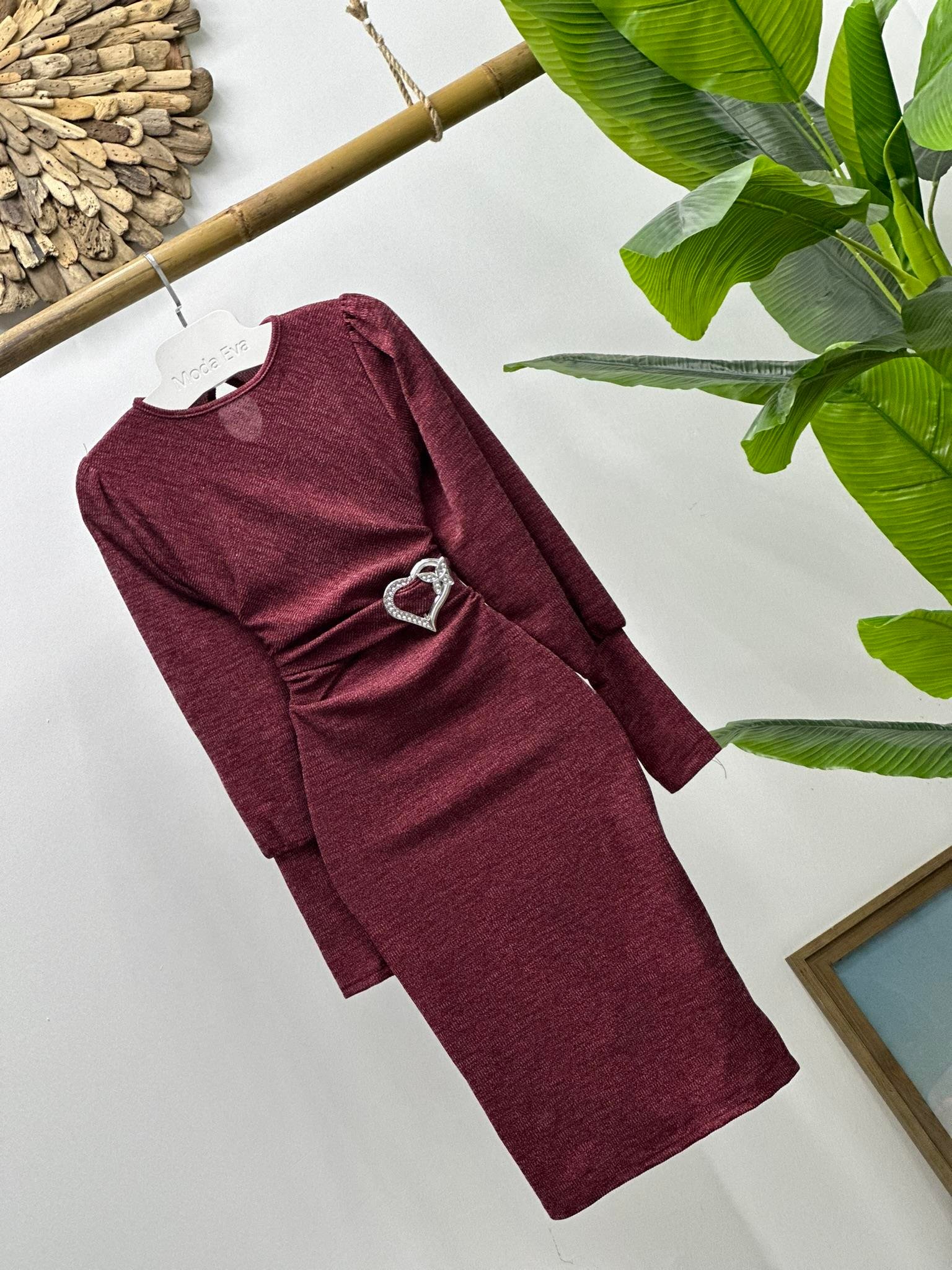 Kalp Aksesuar Detaylı Balon Kol Kalem Bordo Elbise 