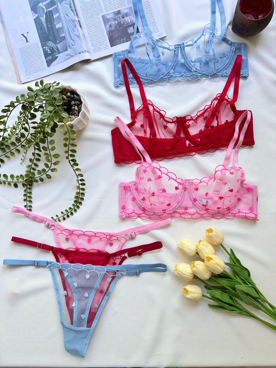 Kalp Nakışlı Balenli Tül Sütyen Takım Kırmızı