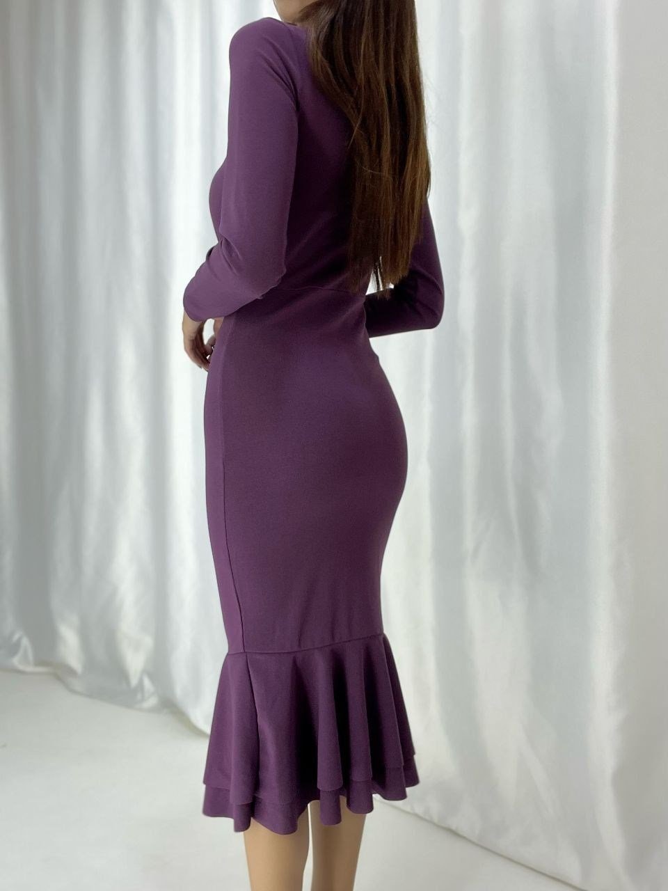 Kaplama Düğmeli Eteği Volanlı Midi Balık Elbise