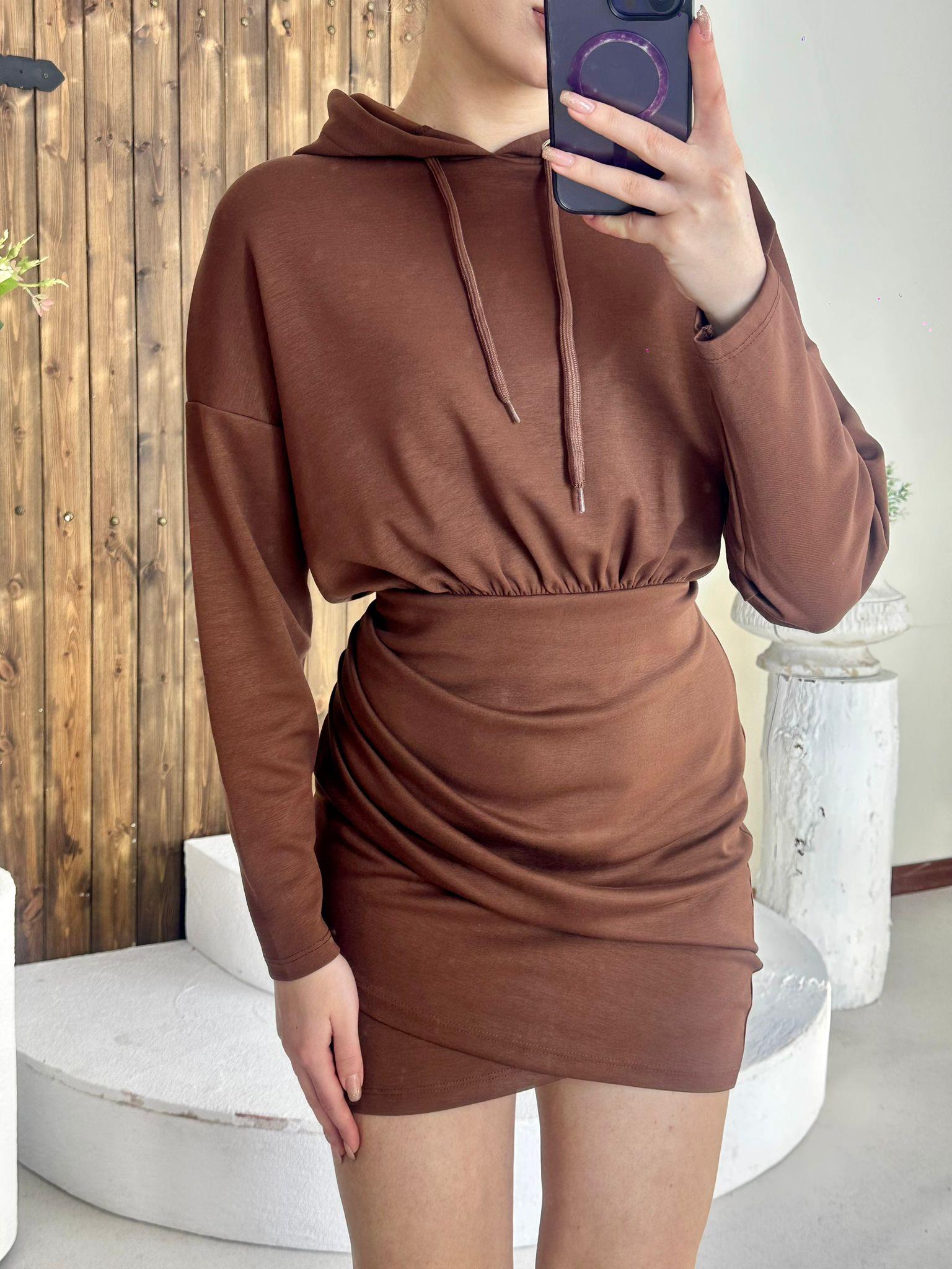 Kapüşonlu Drape Detaylı Üç İplik Kumaş Sweat Elbise