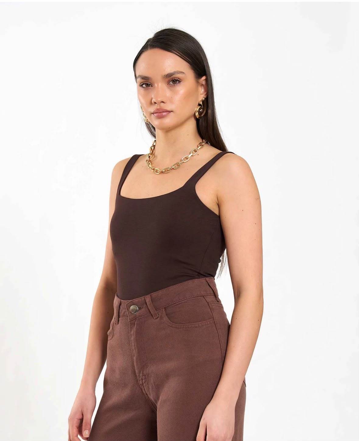 Kare Yaka Bodysuit Kahverengi