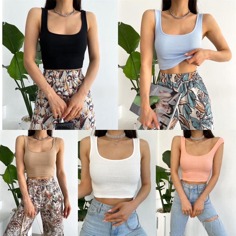 Kare Yaka Kaşkorse Kumaş Crop Bluz 