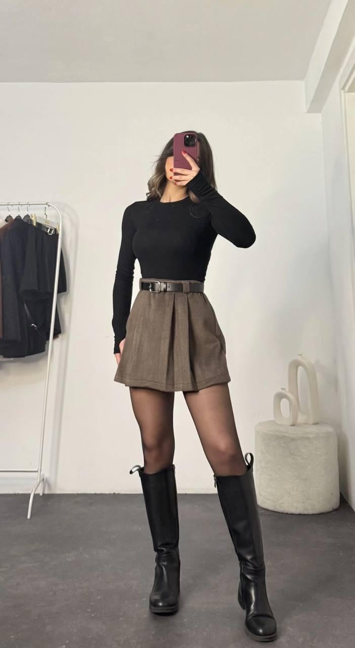 Kaşe Kumaş Kemerli Pileli Şort Etek Kahverengi