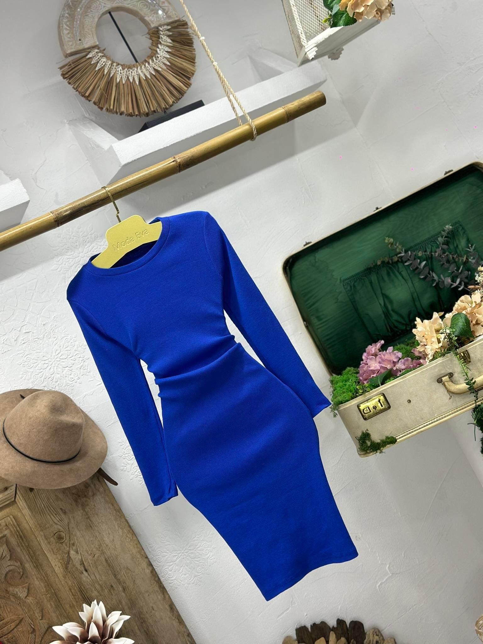 Kaşkorse Kumaş Basic Yuvarlak Yaka Uzun Kollu Kalem Saks Elbise