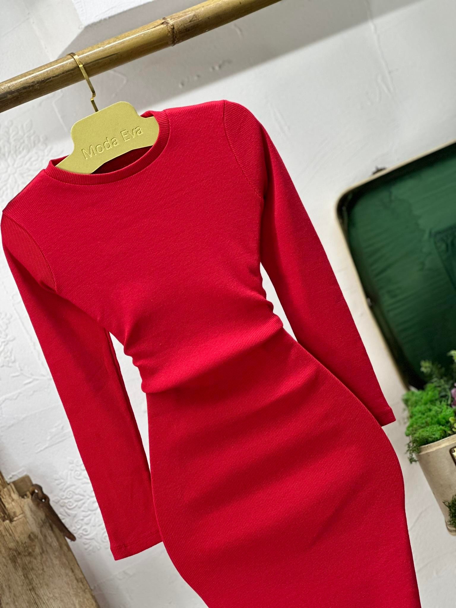 Kaşkorse Kumaş Basic Yuvarlak Yaka Uzun Kollu Kalem Kırmızı Elbise