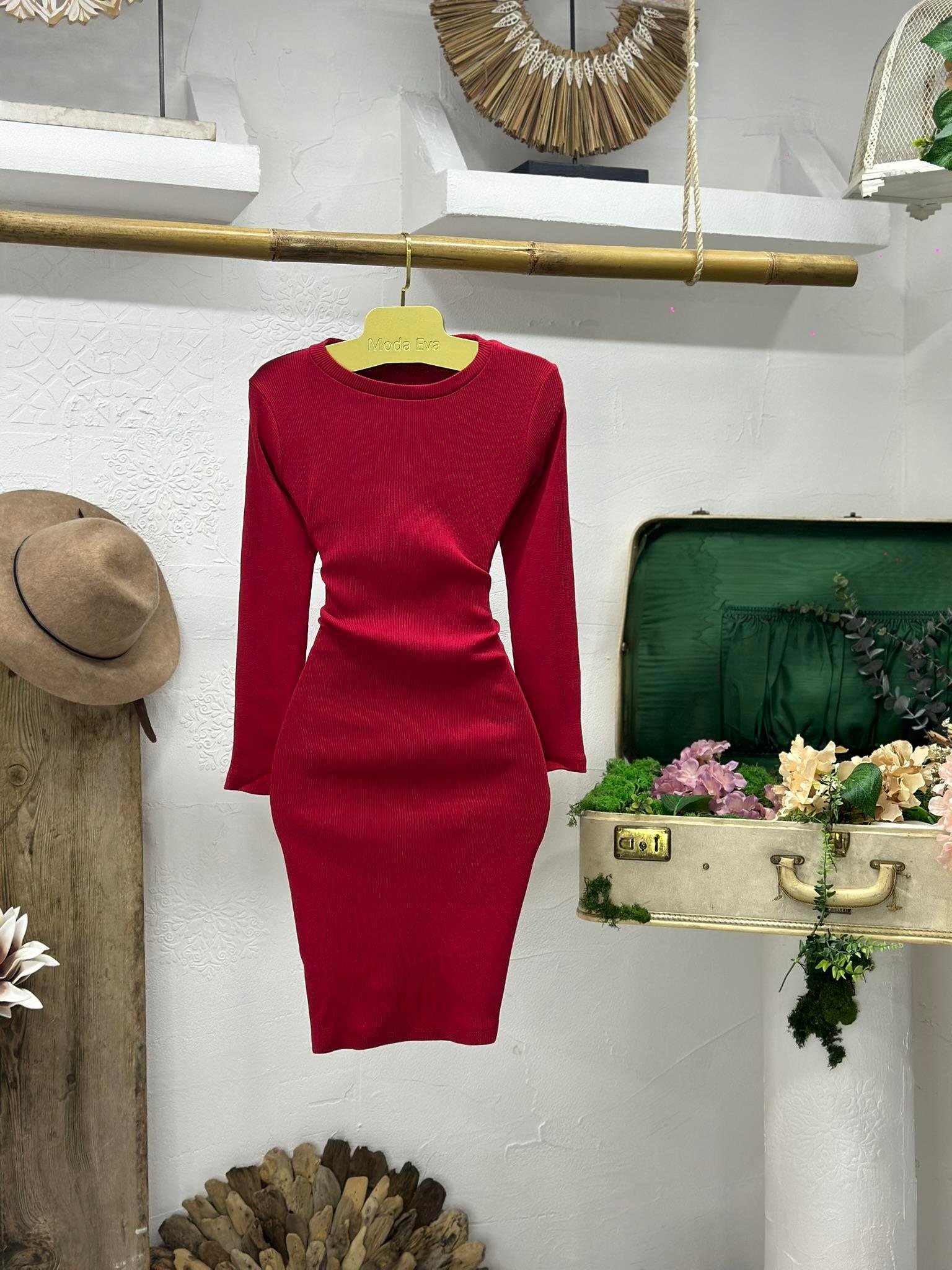 Kaşkorse Kumaş Basic Yuvarlak Yaka Uzun Kollu Kalem Kırmızı Elbise