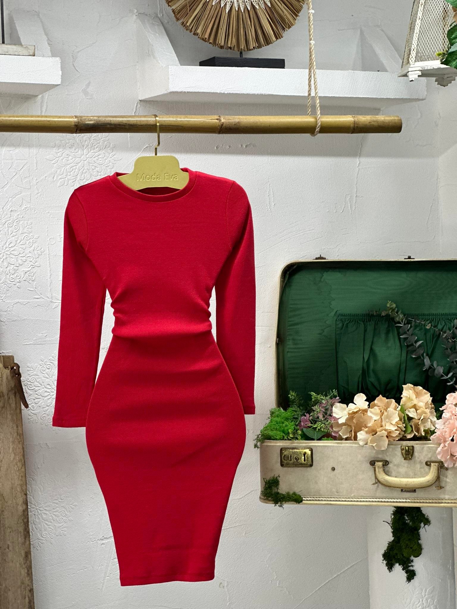 Kaşkorse Kumaş Basic Yuvarlak Yaka Uzun Kollu Kalem Kırmızı Elbise