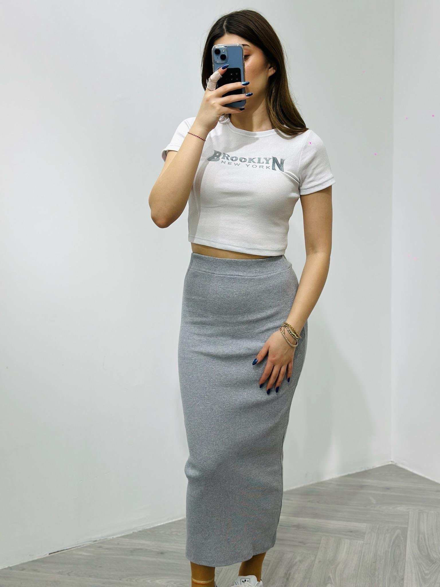 Kaşkorse Kumaş Brooklyn Nakışlı Etek Crop İkili Takım 