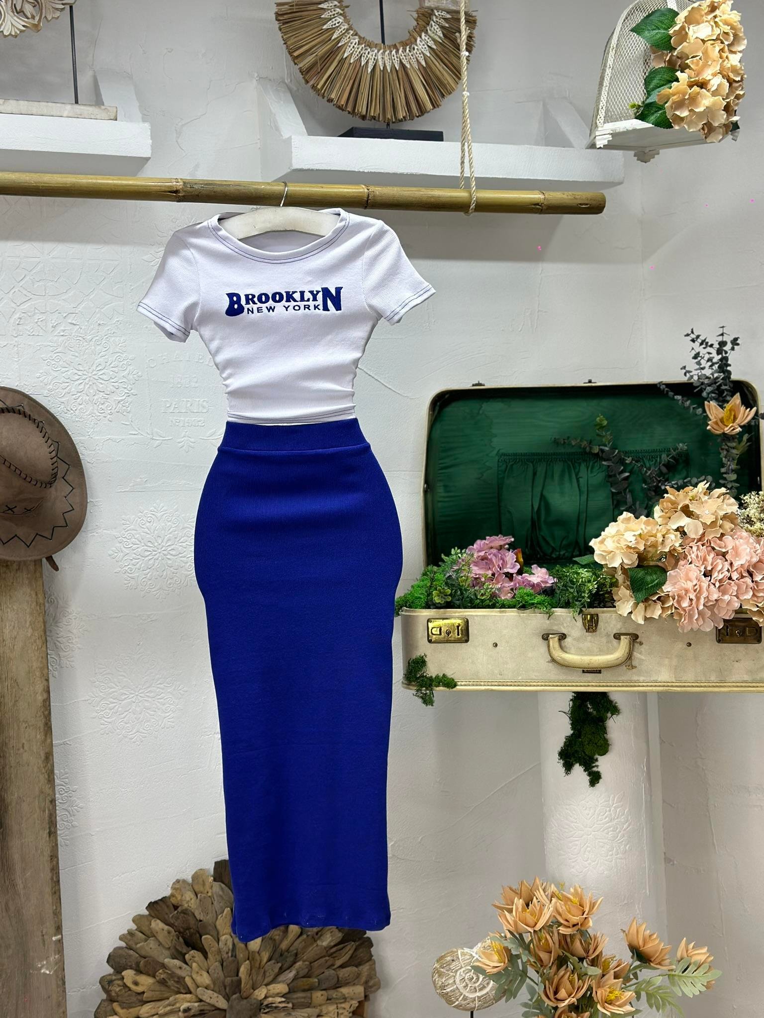 Kaşkorse Kumaş Brooklyn Nakışlı Etek Crop İkili Takım 