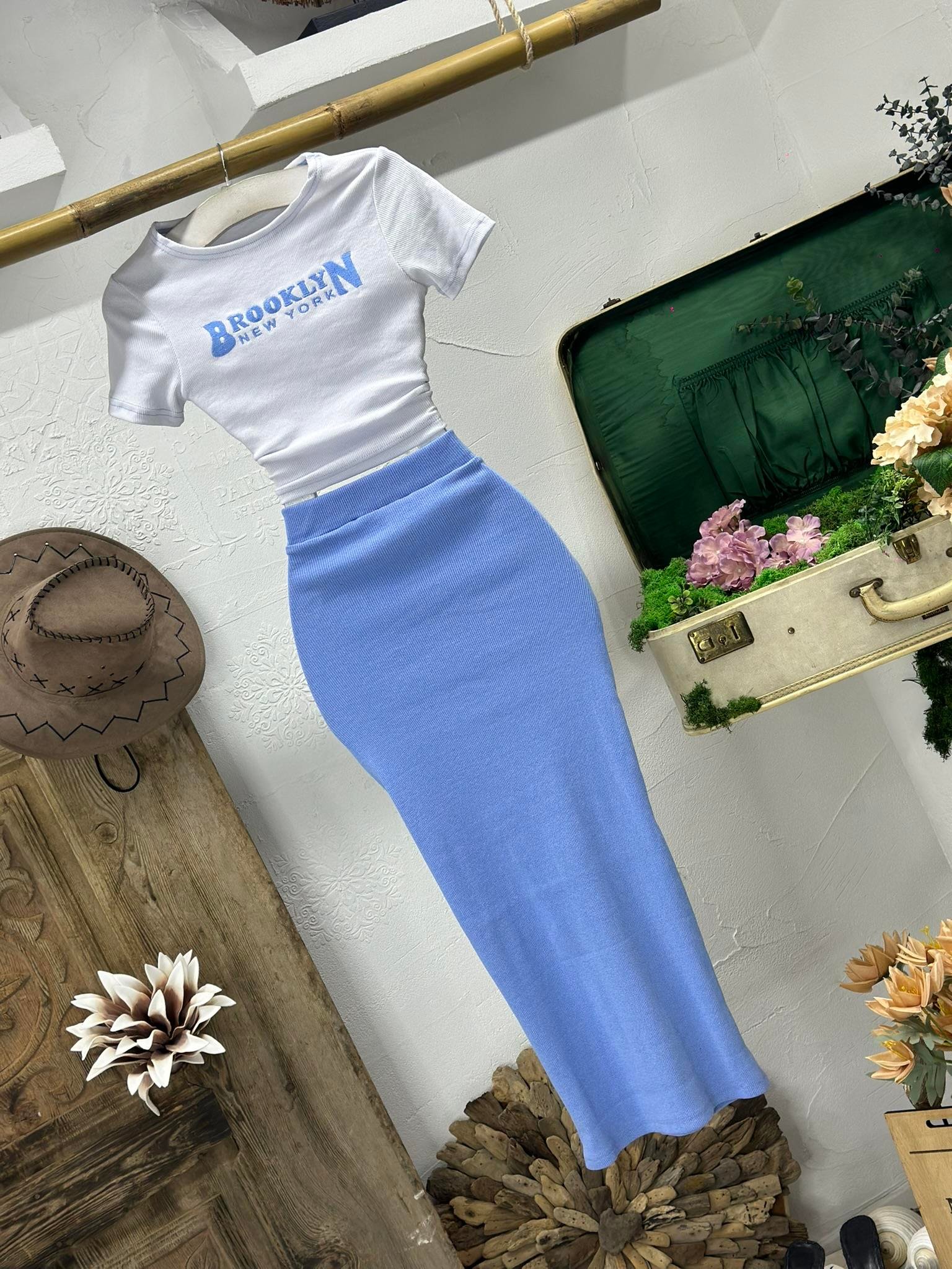Kaşkorse Kumaş Brooklyn Nakışlı Etek Crop İkili Takım 
