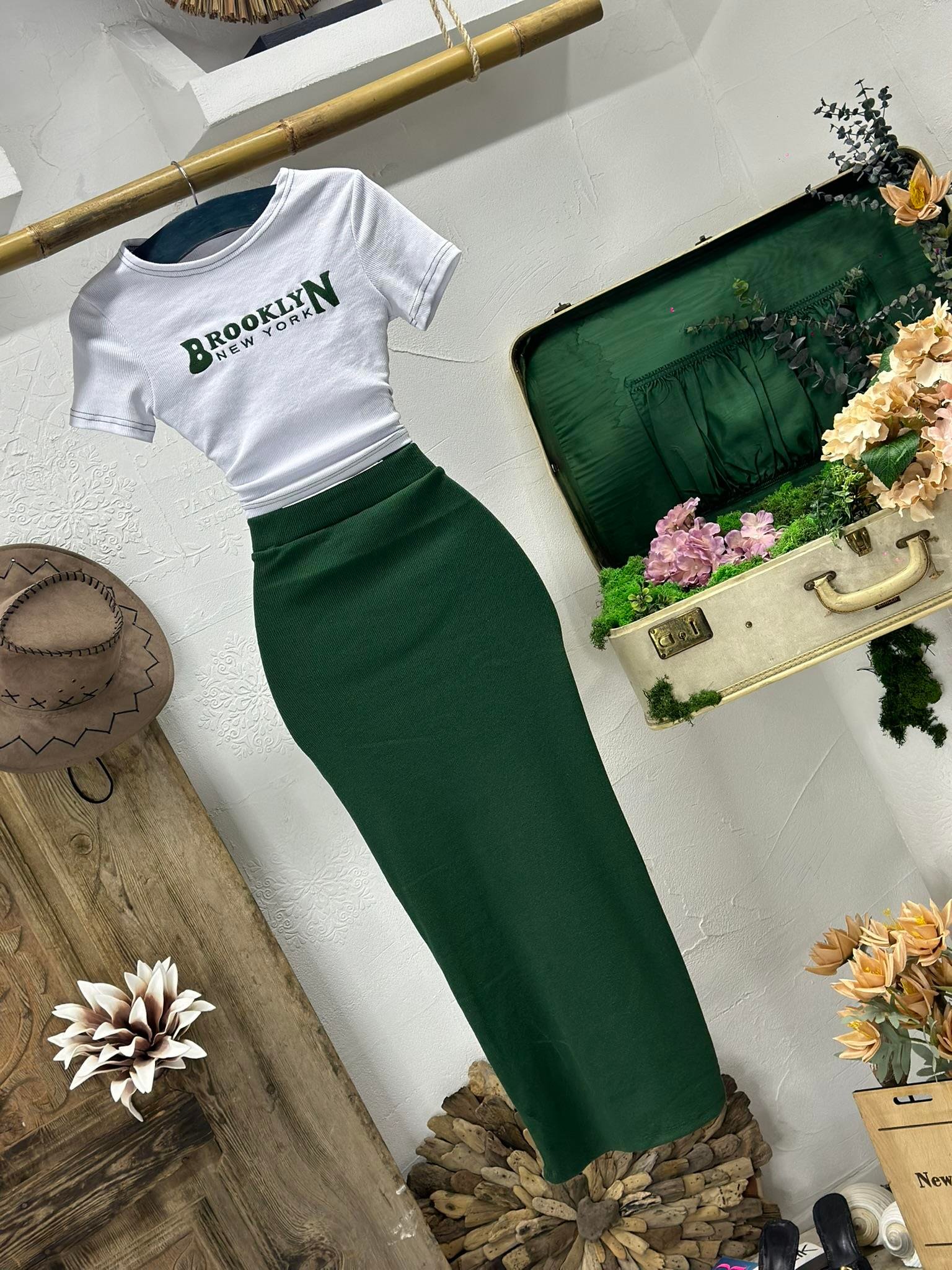 Kaşkorse Kumaş Brooklyn Nakışlı Etek Crop İkili Takım 