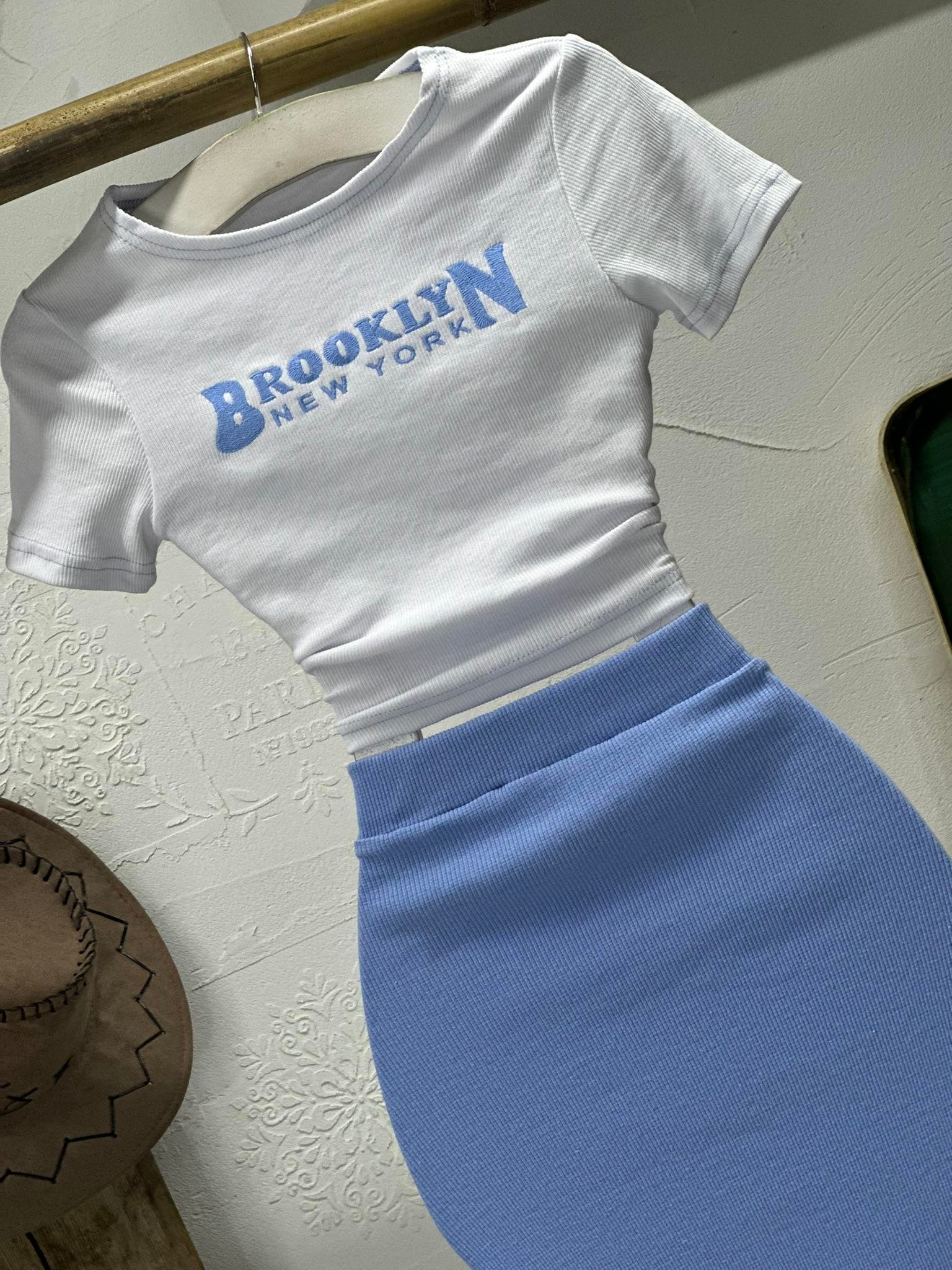 Kaşkorse Kumaş Brooklyn Nakışlı Etek Crop İkili Takım 