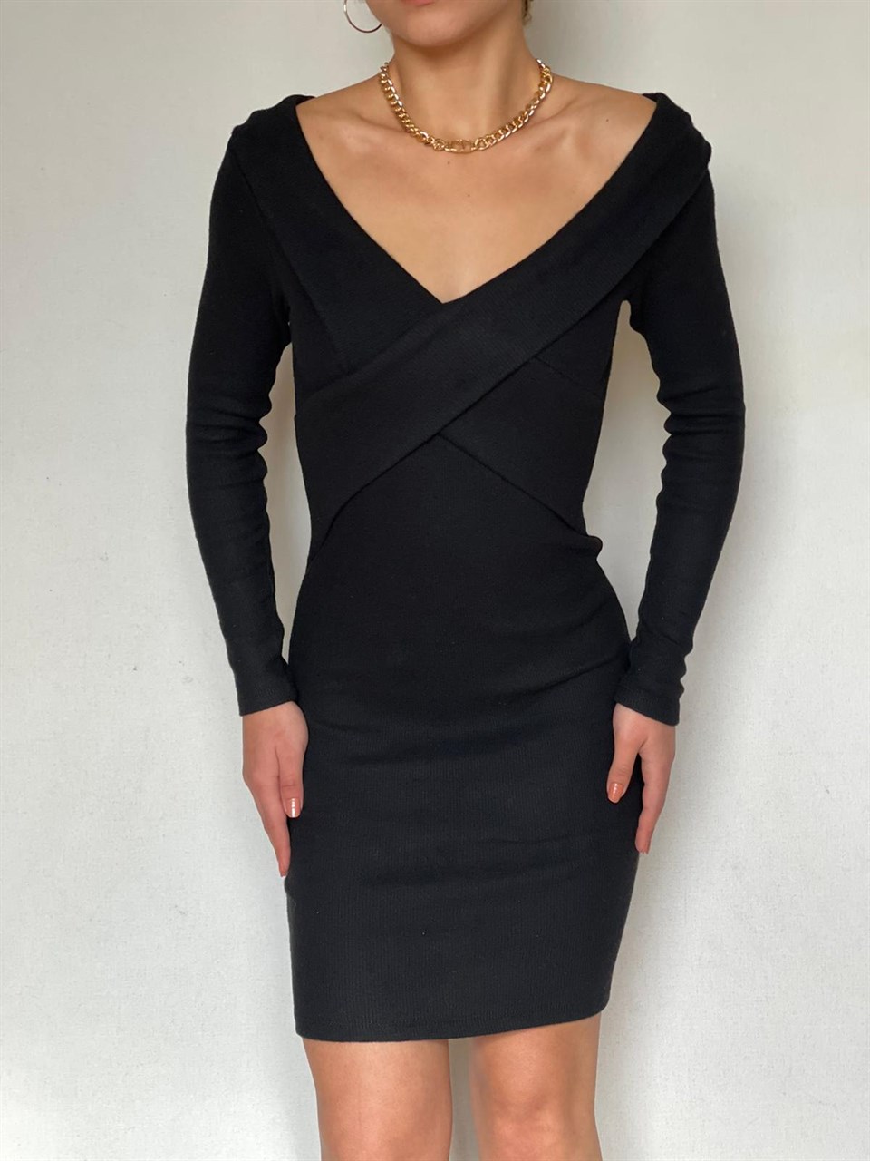 Kaşkorse Kumaş Çapraz Yaka Mini Elbise