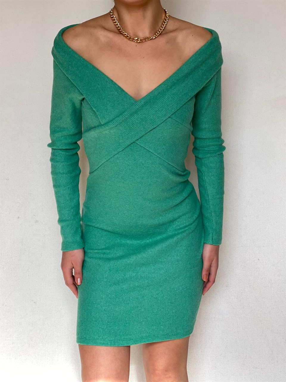 Kaşkorse Kumaş Çapraz Yaka Mini Elbise