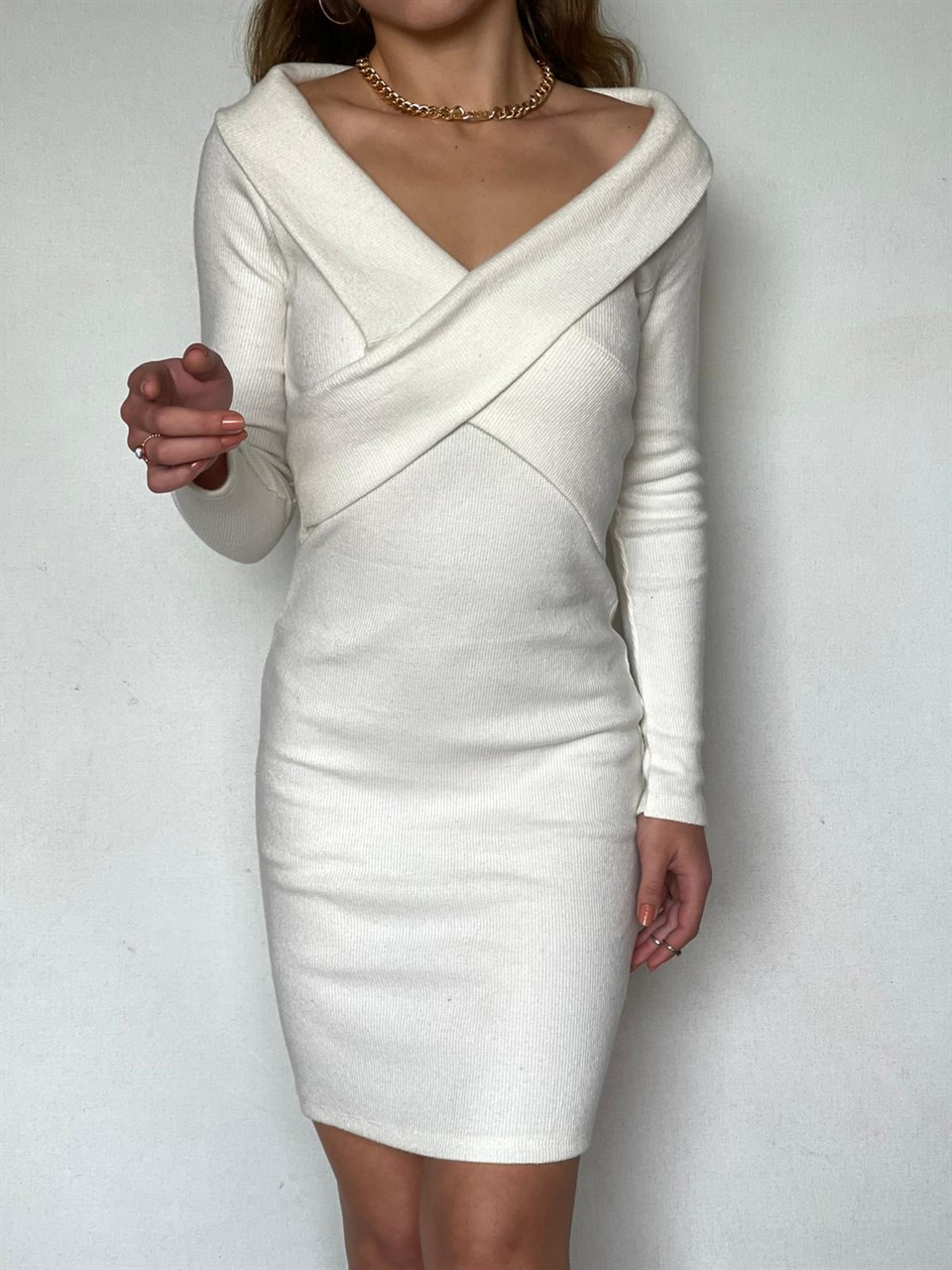 Kaşkorse Kumaş Çapraz Yaka Mini Elbise