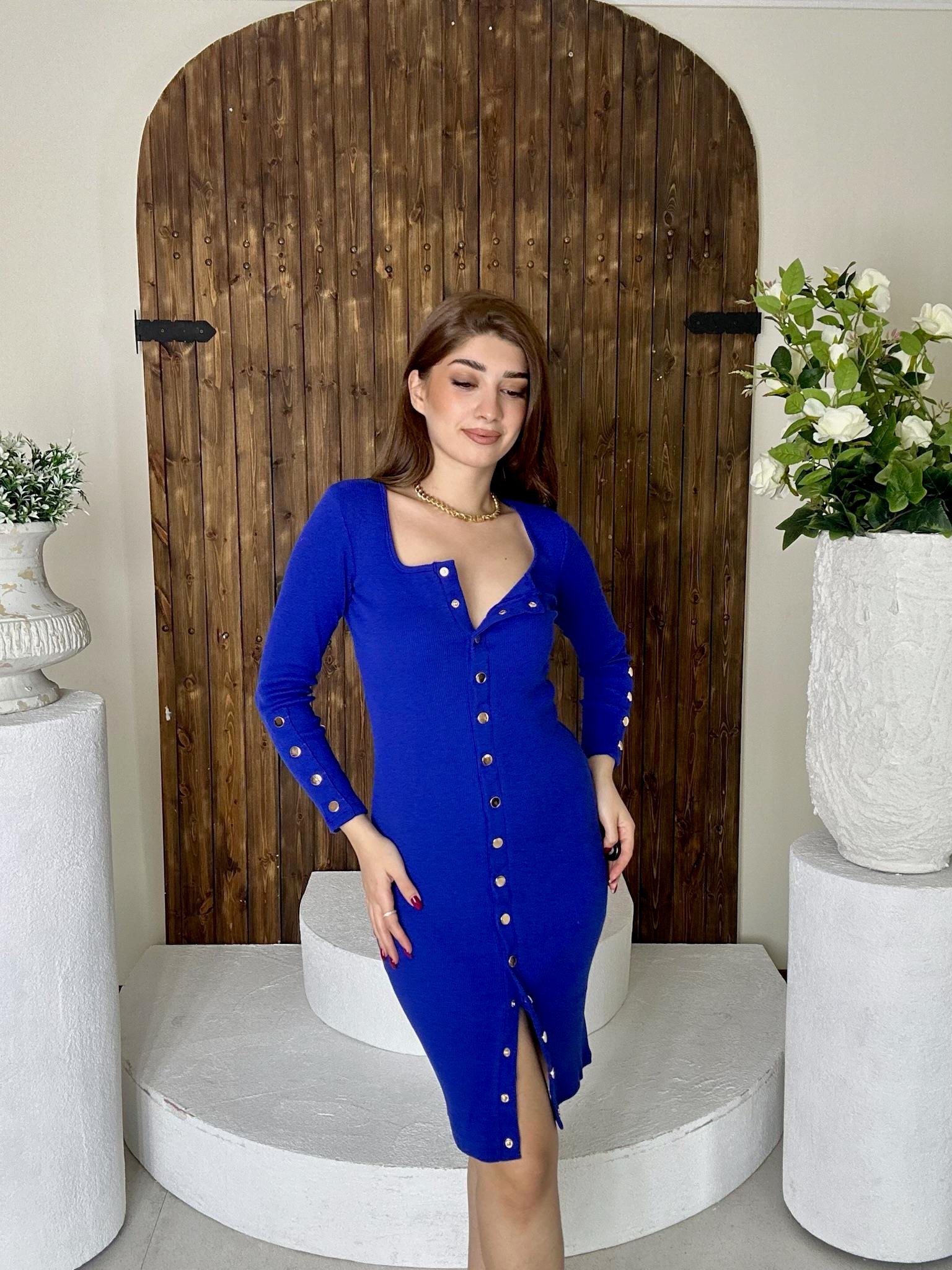 Kaşkorse Kumaş Çıtçıtlı Kalem Elbisemiz Saks