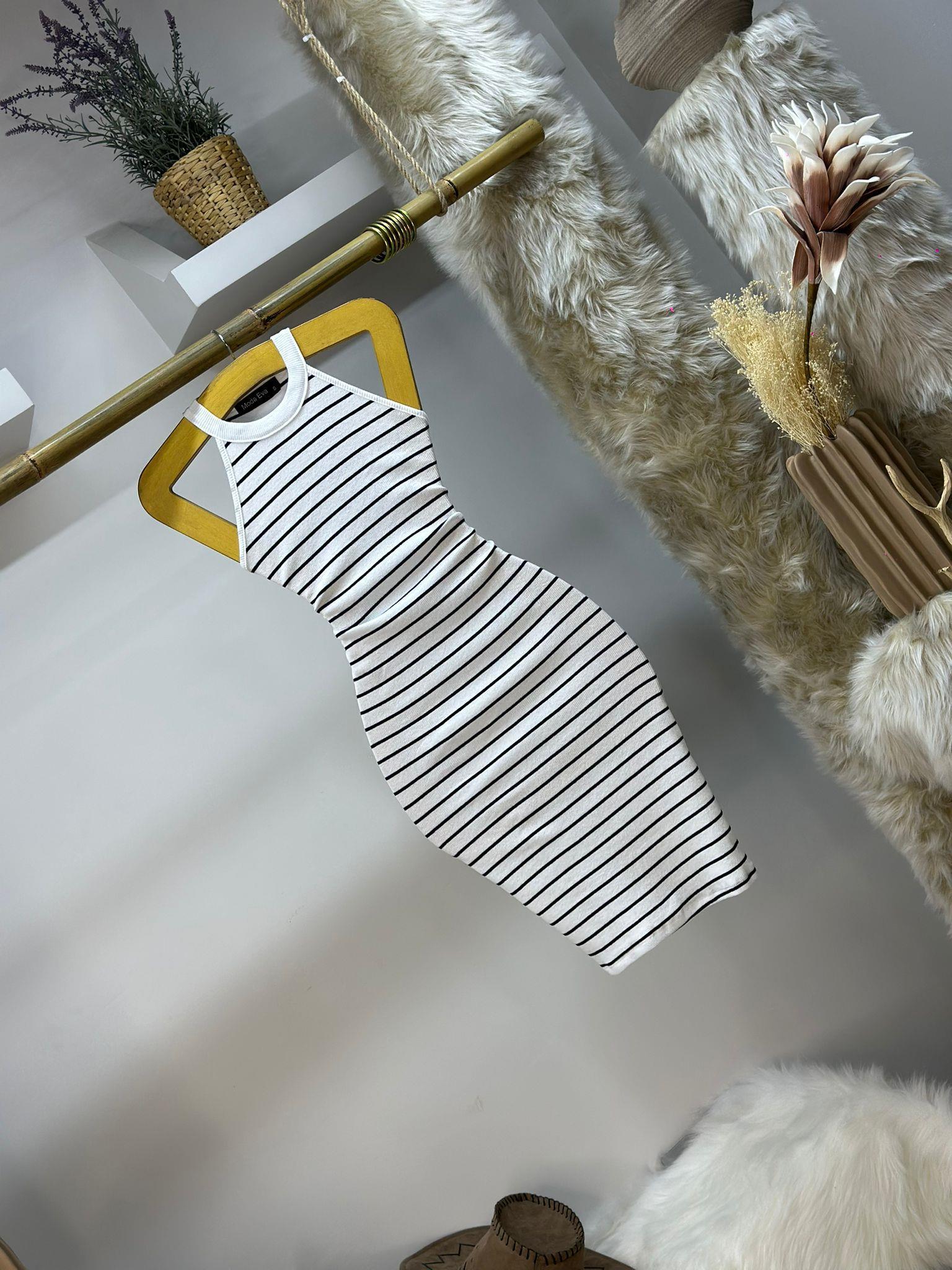 Kaşkorse Kumaş Çizgi Desen Halter Yaka Elbise