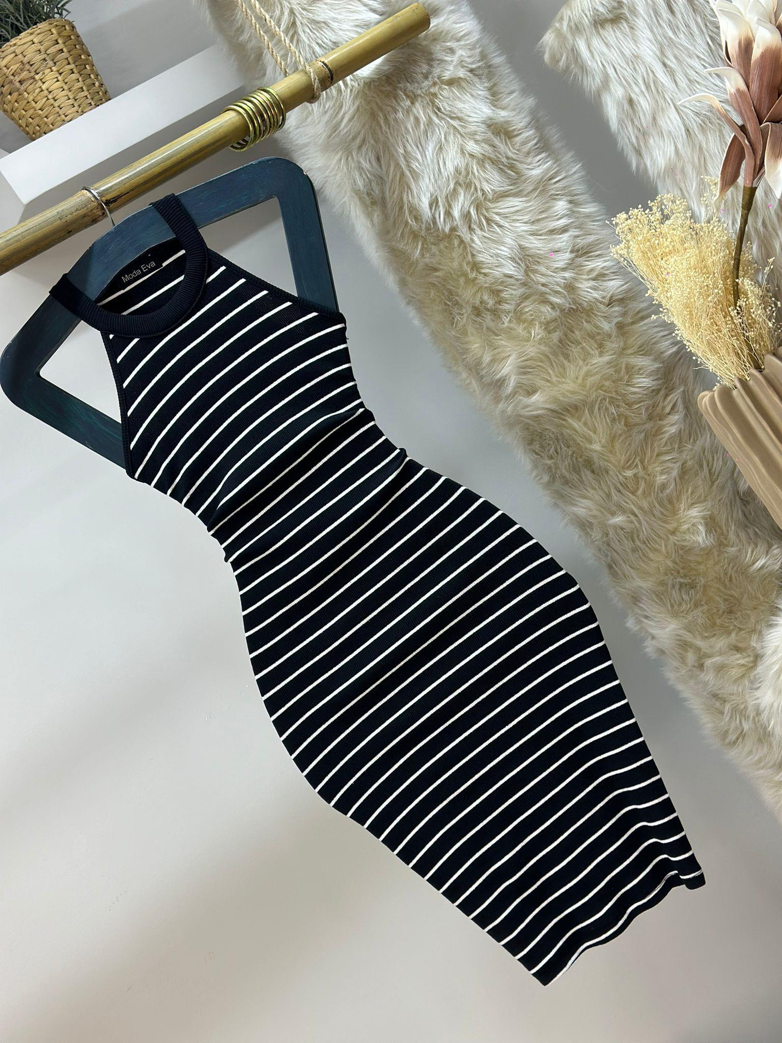 Kaşkorse Kumaş Çizgi Desen Halter Yaka Elbise