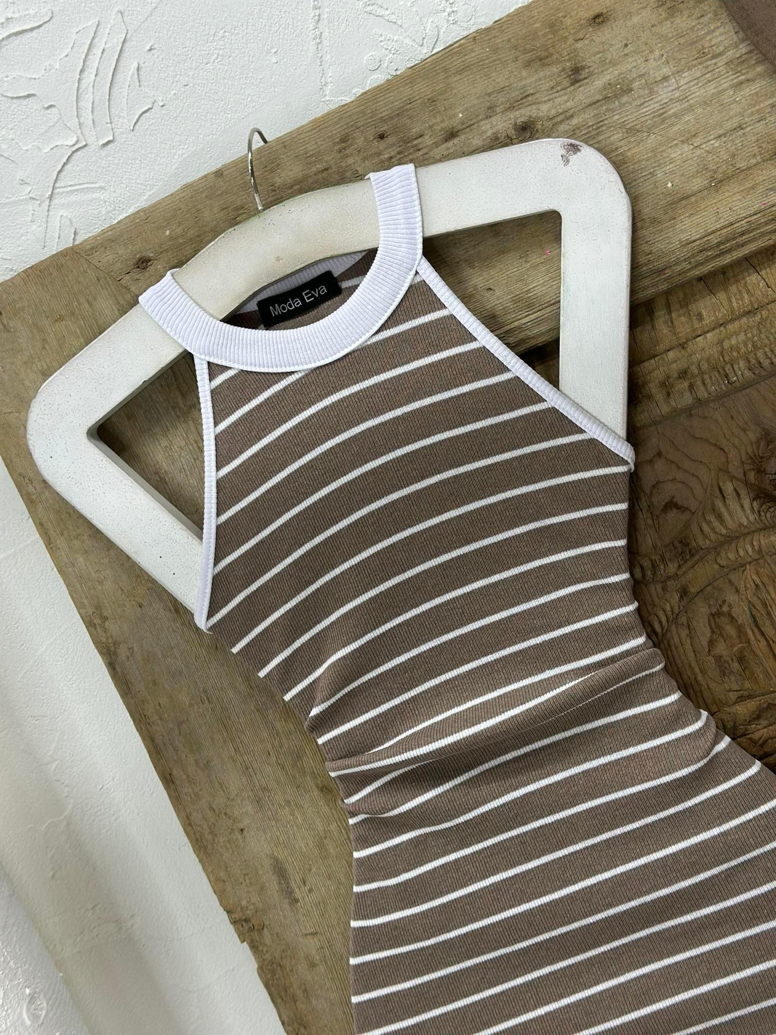 Kaşkorse Kumaş Çizgi Desen Halter Yaka Elbise