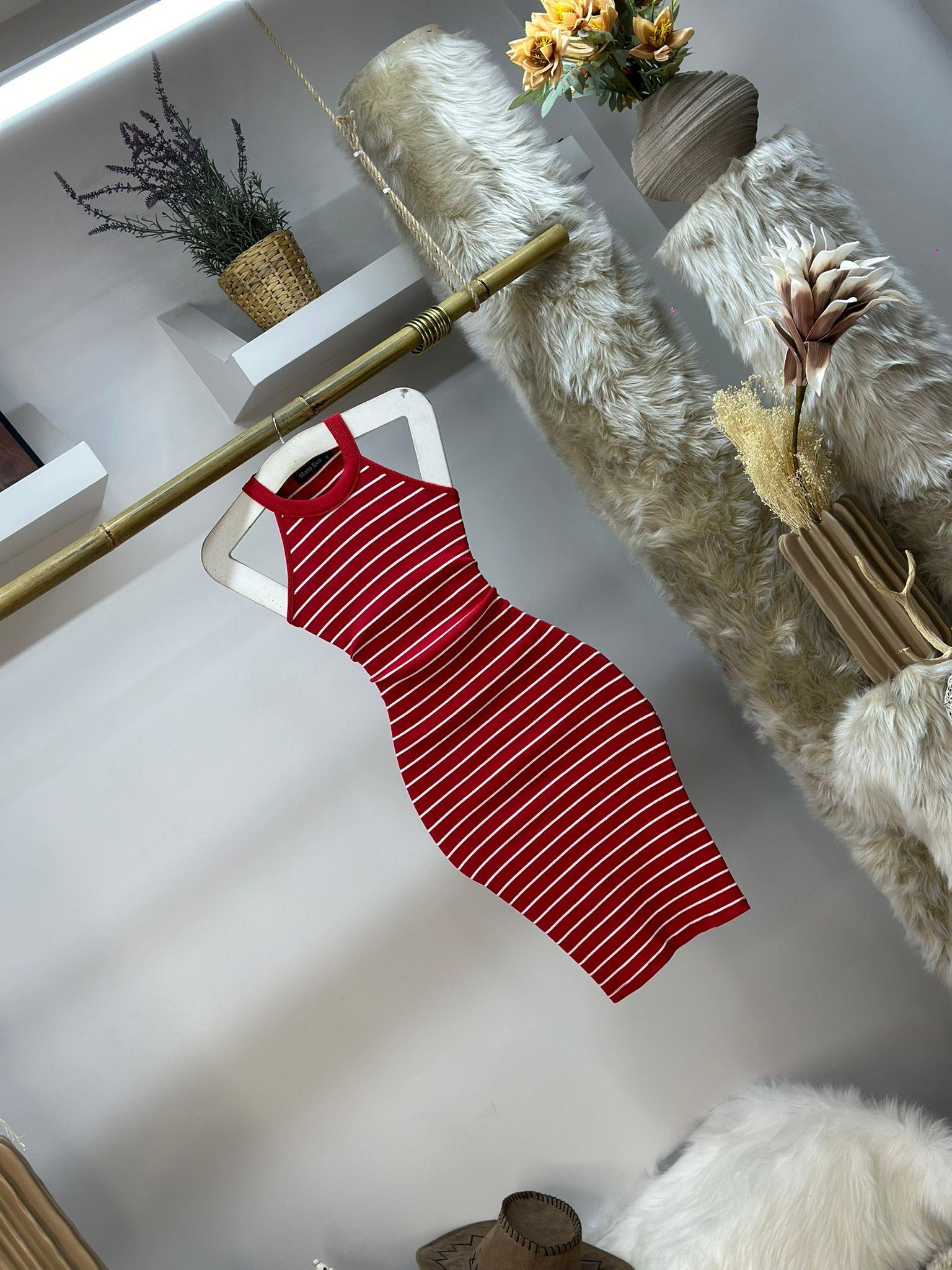 Kaşkorse Kumaş Çizgi Desen Halter Yaka Elbise