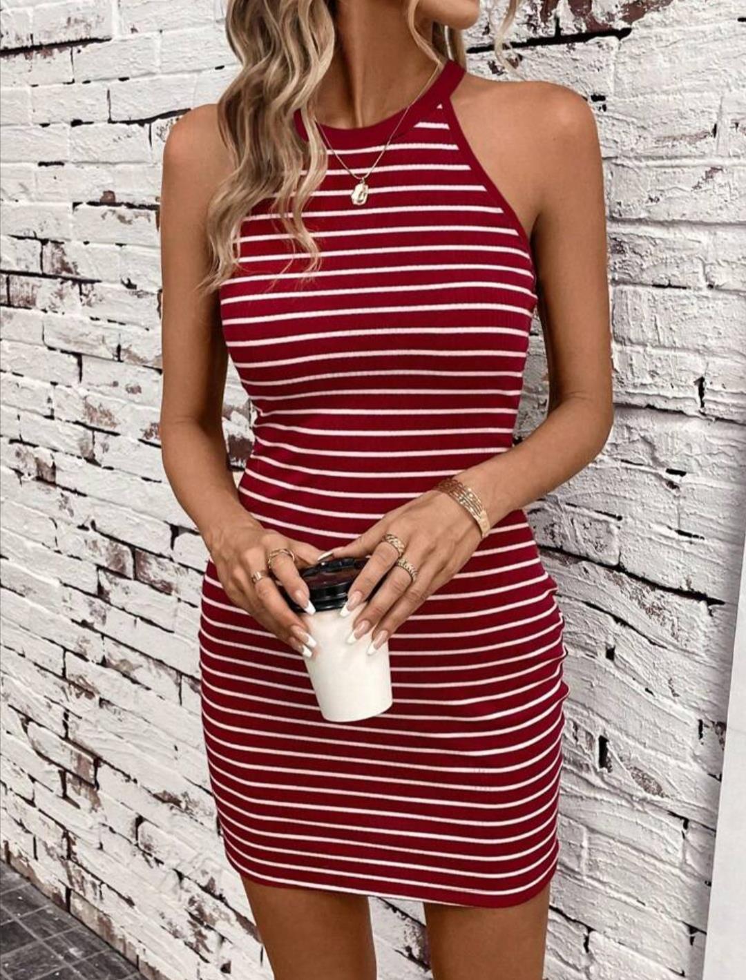 Kaşkorse Kumaş Çizgi Desen Halter Yaka Elbise