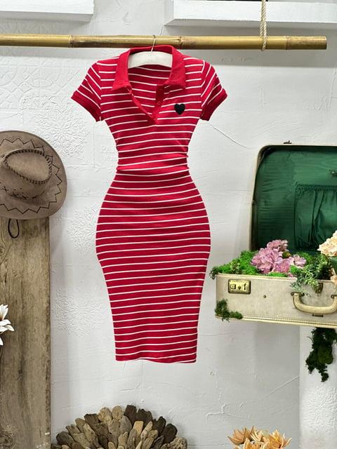 Kaşkorse Kumaş Çizgi Desen Kalp Nakışlı Polo Yaka Elbise