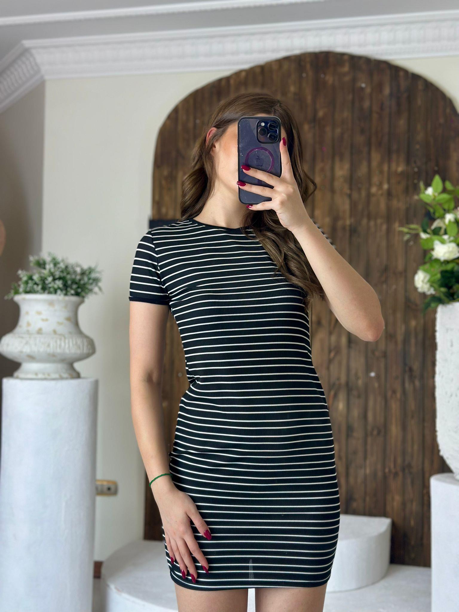 Kaşkorse Kumaş Çizgi Desen Mini  Elbise