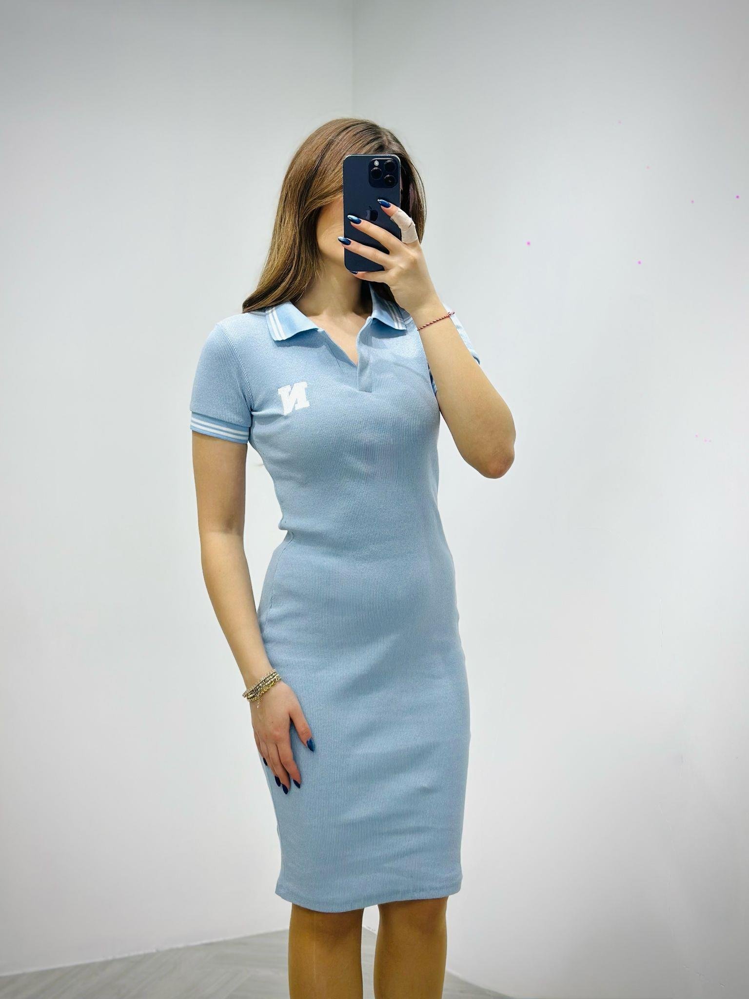 Kaşkorse Kumaş Çizgi Desen Nakış Detay Polo Yaka Elbise Bebe Mavisi