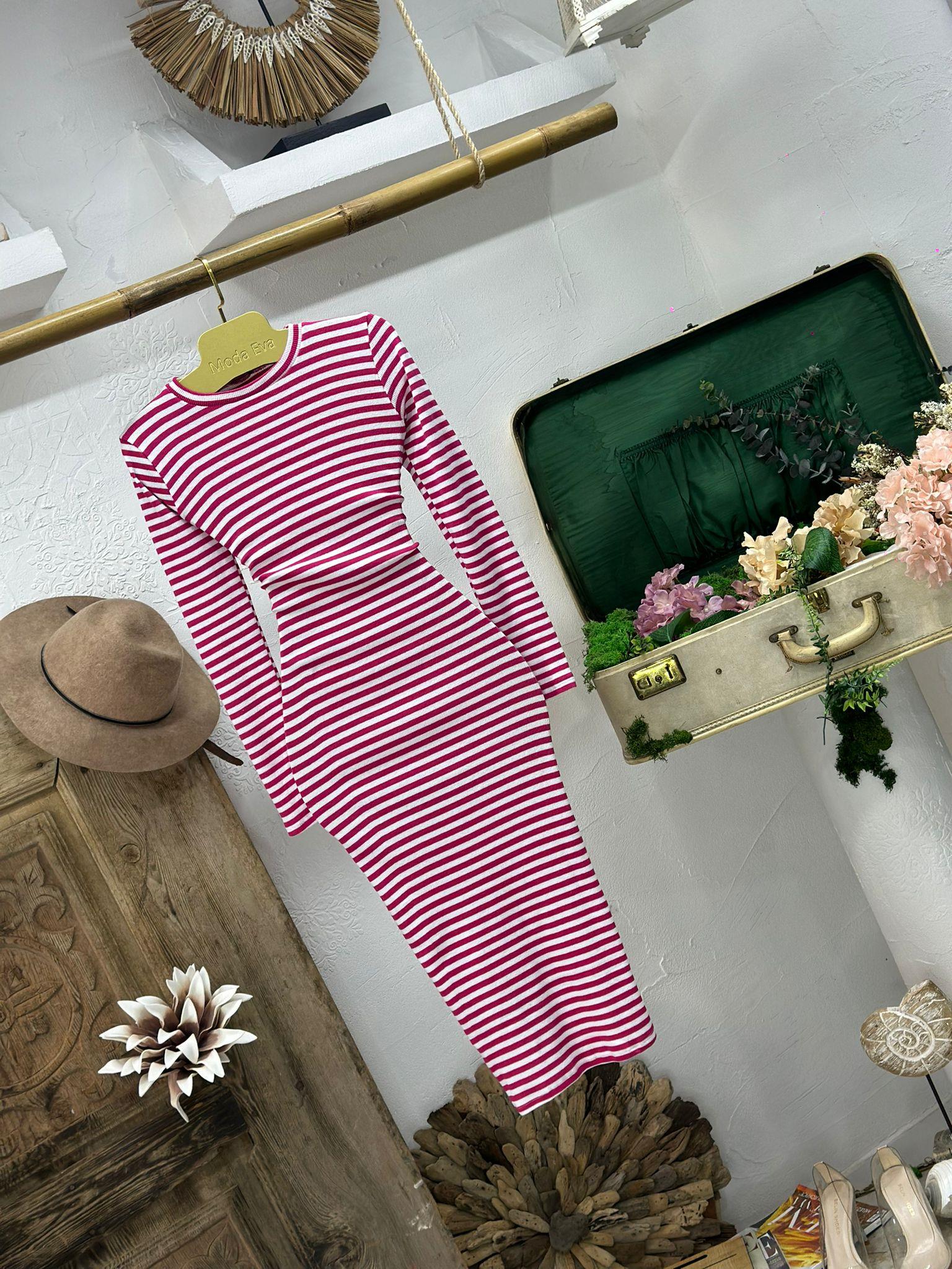 Kaşkorse Kumaş Çizgi Desen Uzun Kollu Kalem Elbise Fuşya