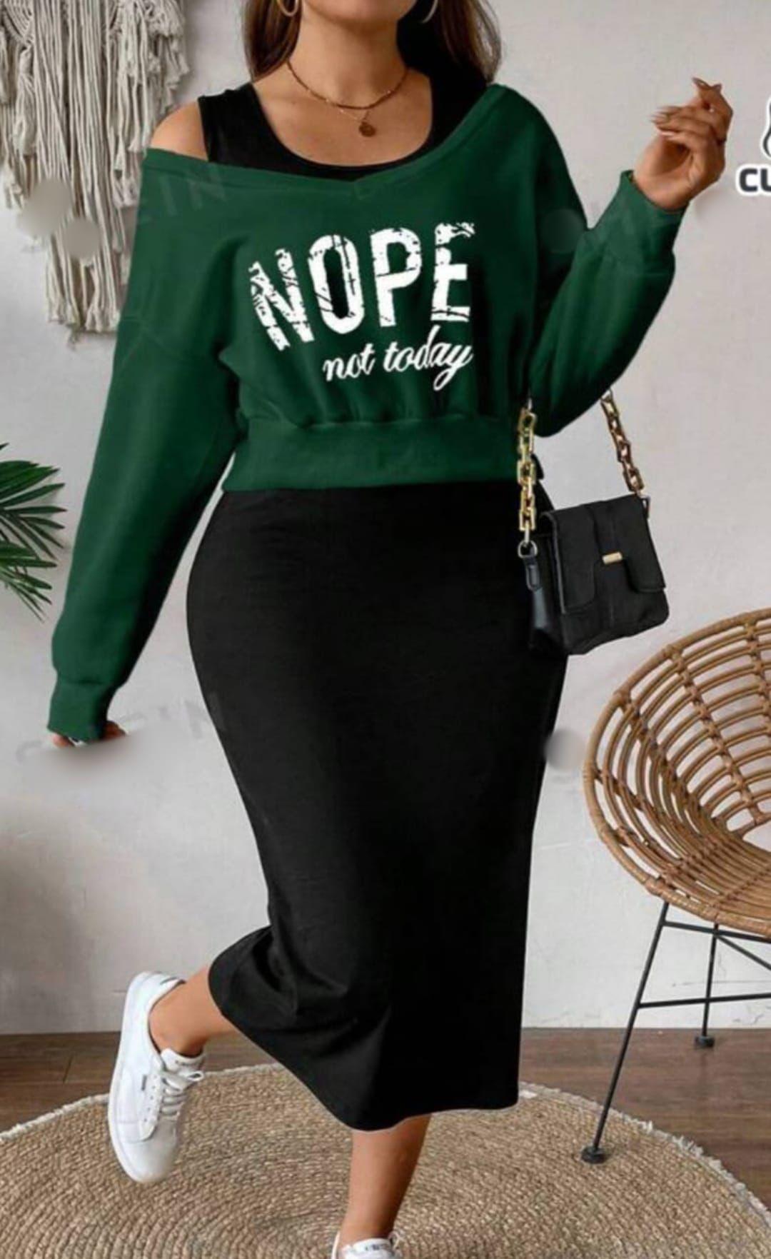 Kaşkorse Kumaş Elbise Nope Baskılı İki İplik Sweat İkili Takım Yeşil