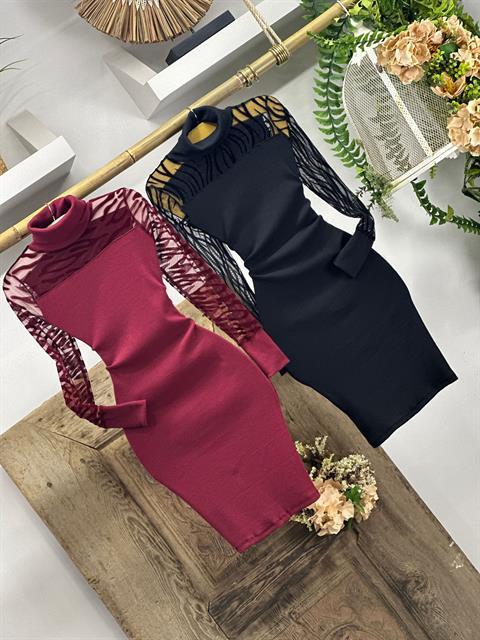 Kaşkorse Kumaş Flog Tül Detaylı Bordo Kalem Elbise