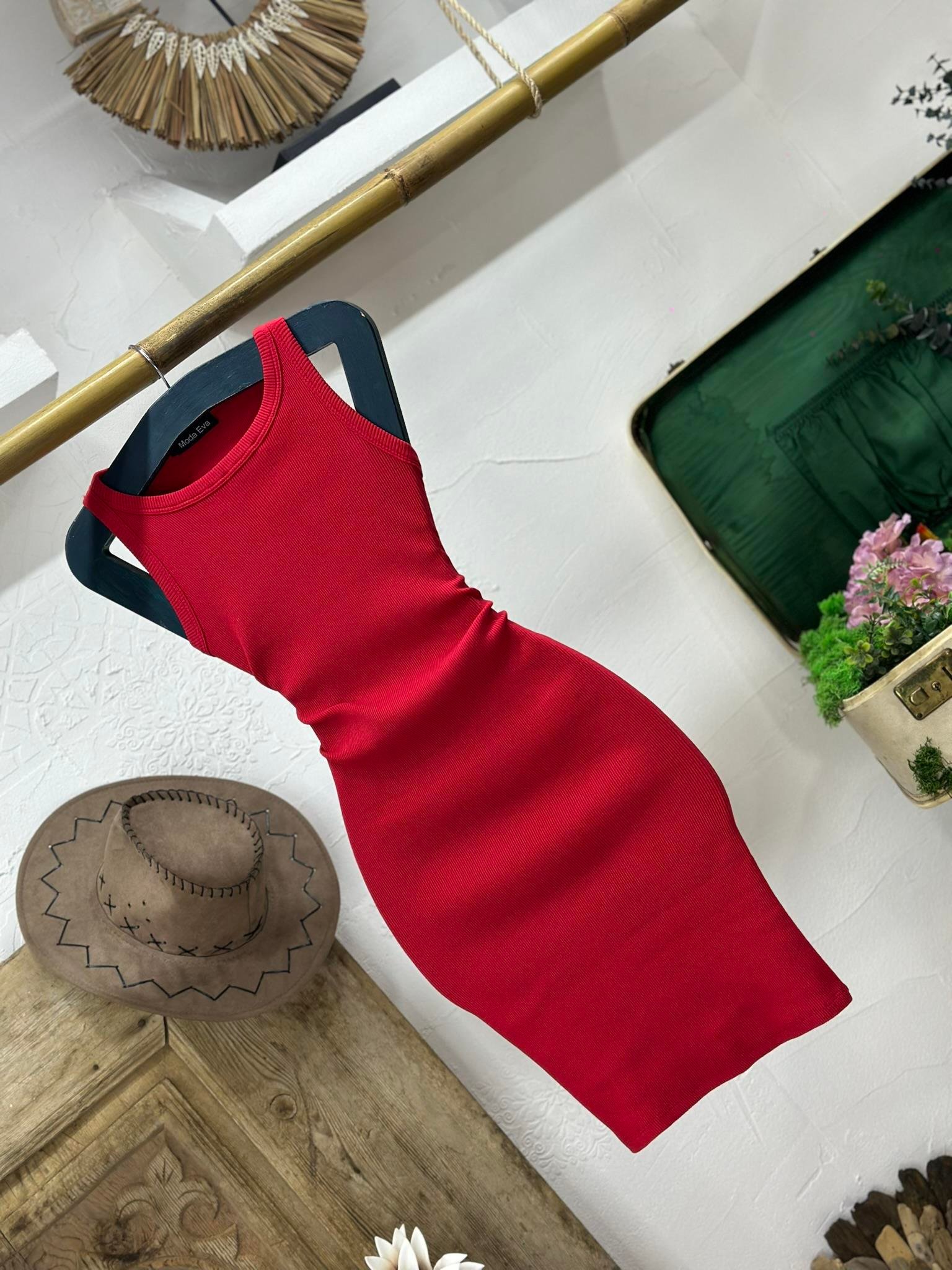 Kaşkorse Kumaş Halter Yaka Basic Kalem Elbise